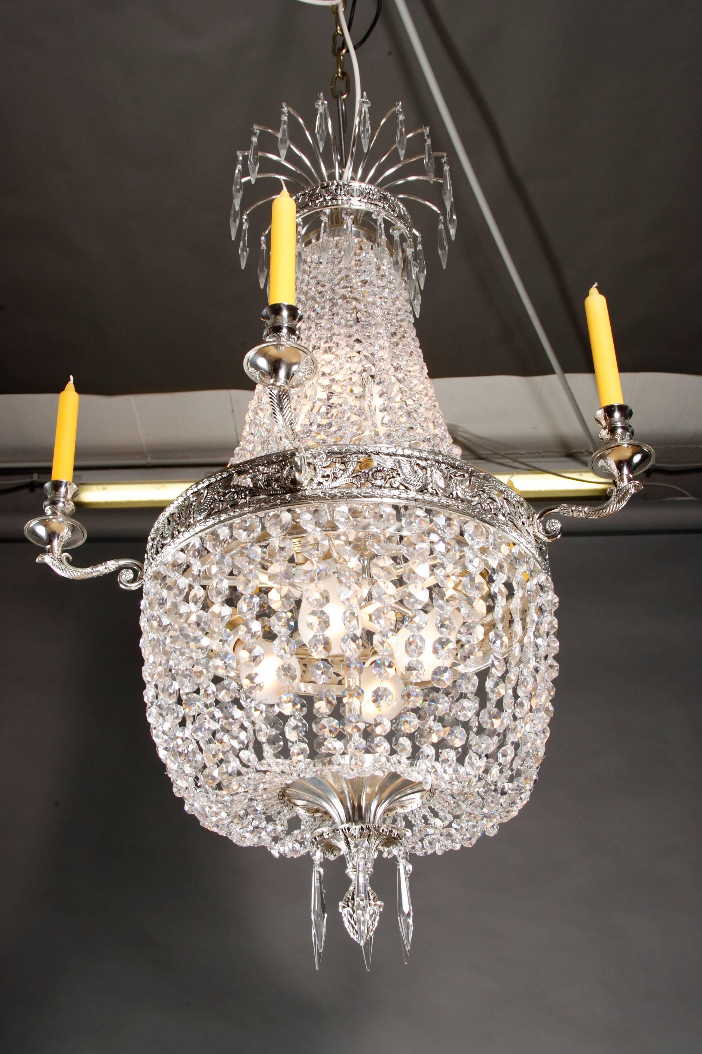 Classicist Basket Chandelier in antique Empire Style silver brass hand carved For Sale 1