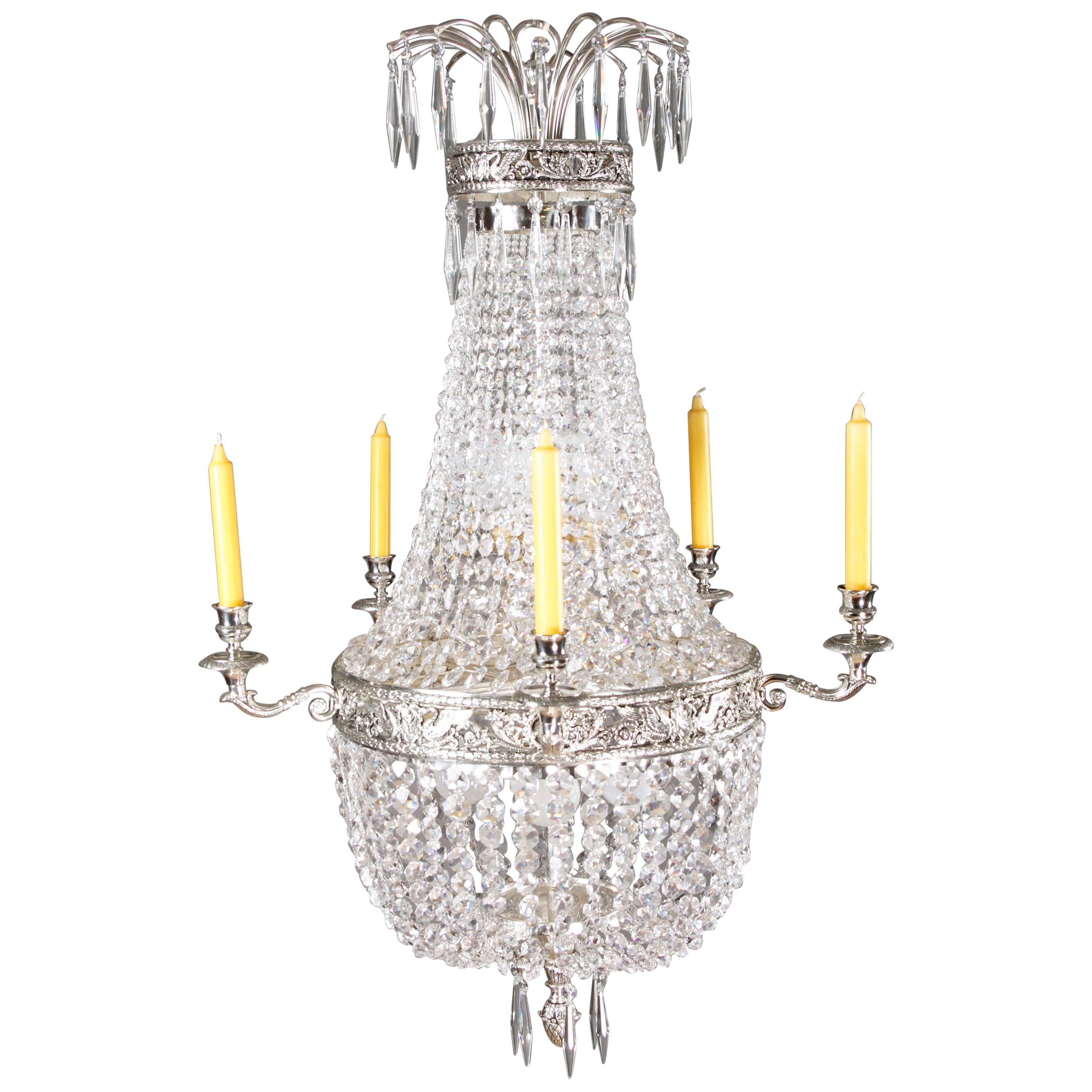 Classicist Basket Chandelier in antique Empire Style silver brass hand carved For Sale