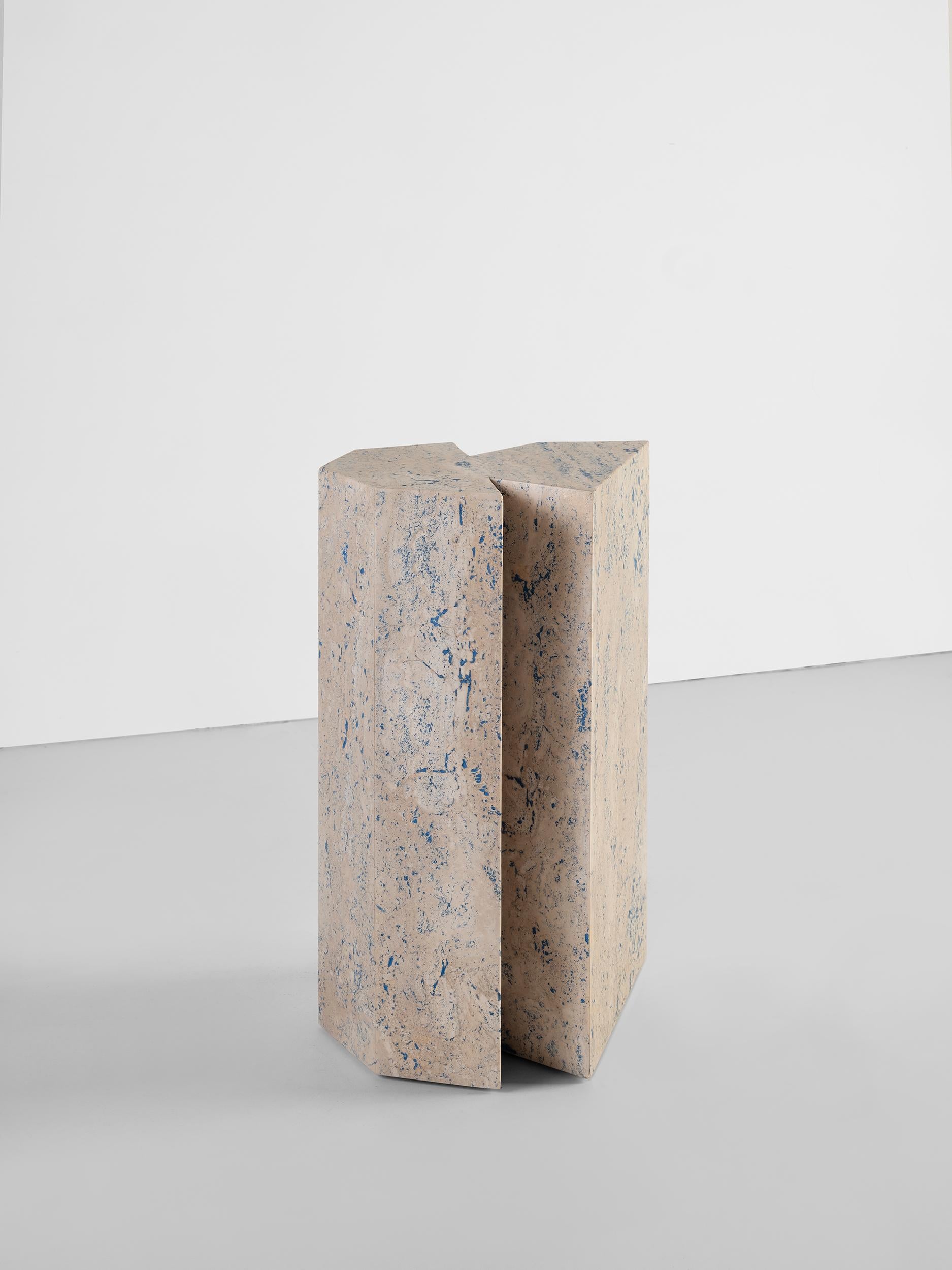 Classico Scomposto deconstructs the conceptual and concrete idea of stability of the travertine. The project investigates a different and unusual perception, far from the collective consciousness. The classic forms break down, the stone is stained