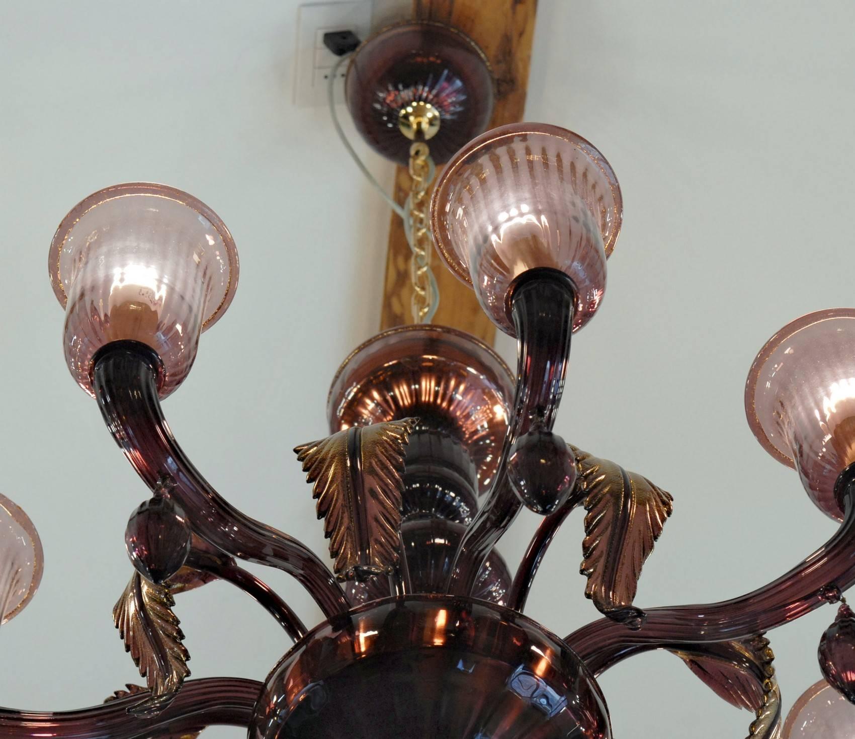 Classico, Murano Chandelier, Amethyst, Eight Arms, Gold Leaf and Rigadin 4