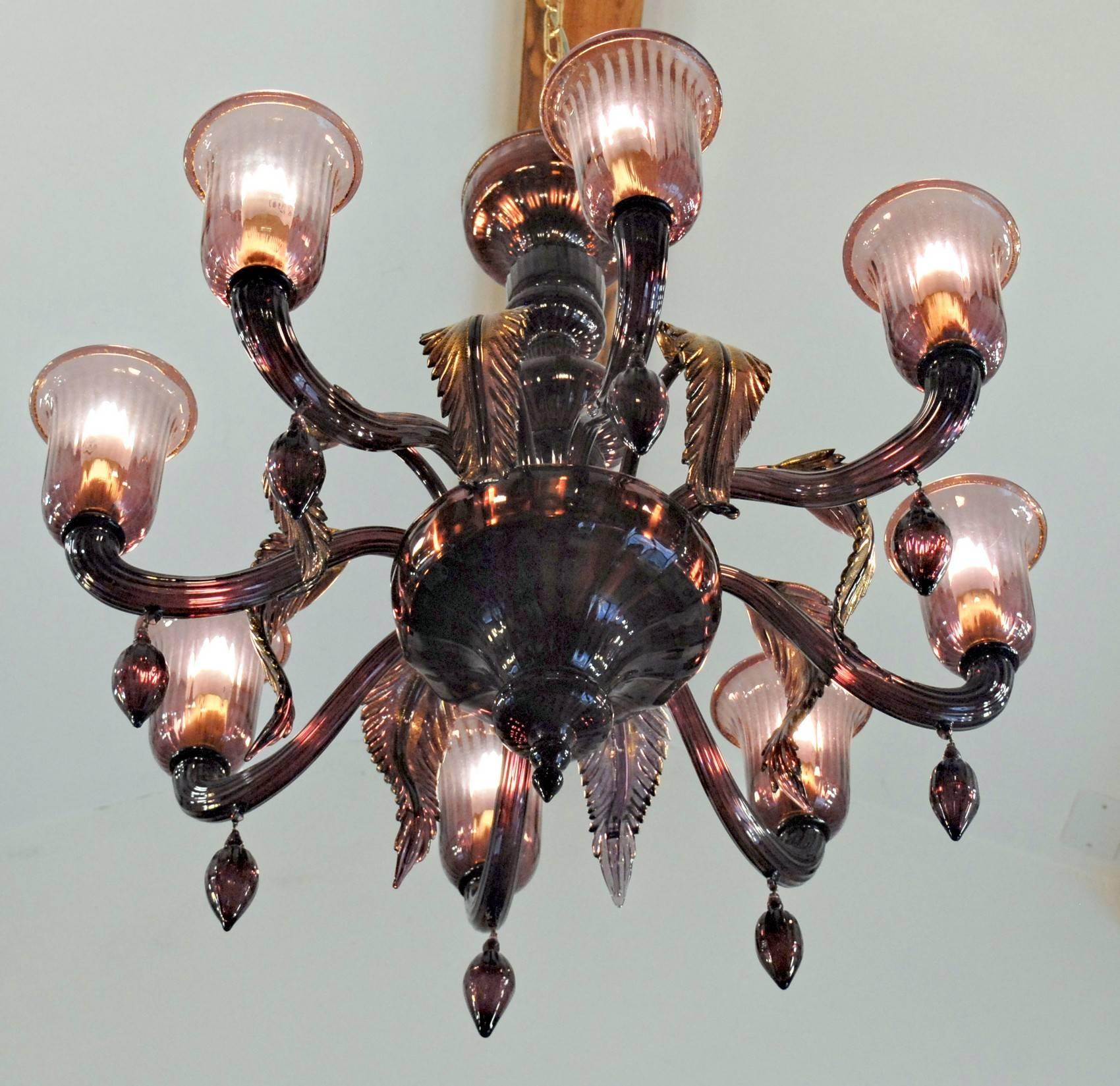 Italian Classico, Murano Chandelier, Amethyst, Eight Arms, Gold Leaf and Rigadin
