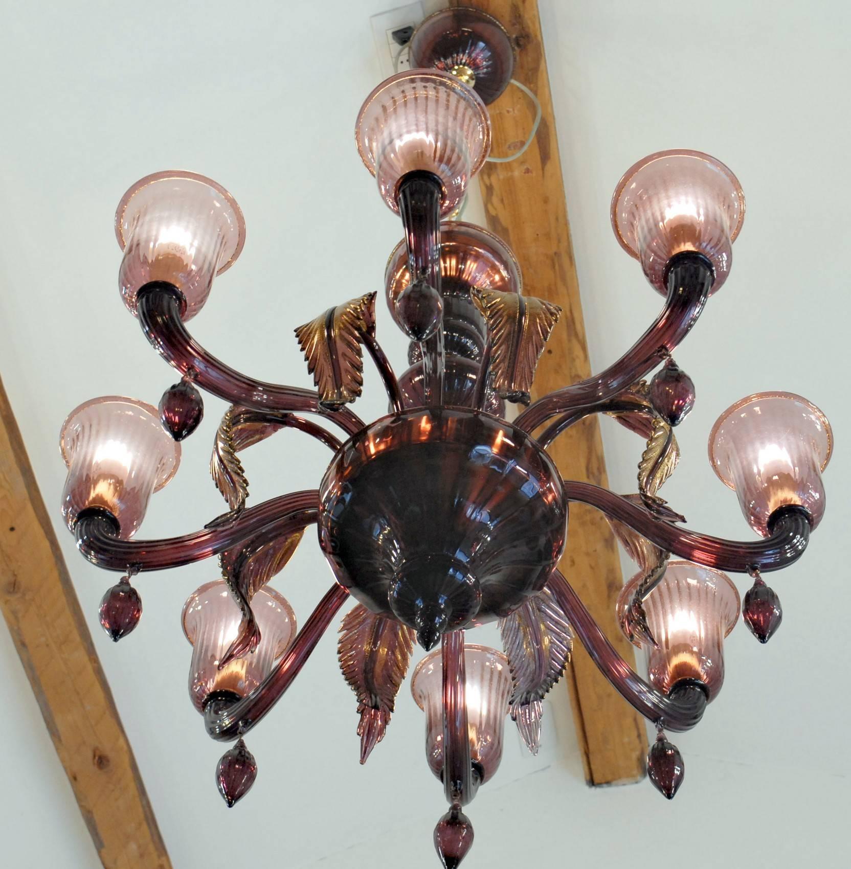 Art Glass Classico, Murano Chandelier, Amethyst, Eight Arms, Gold Leaf and Rigadin