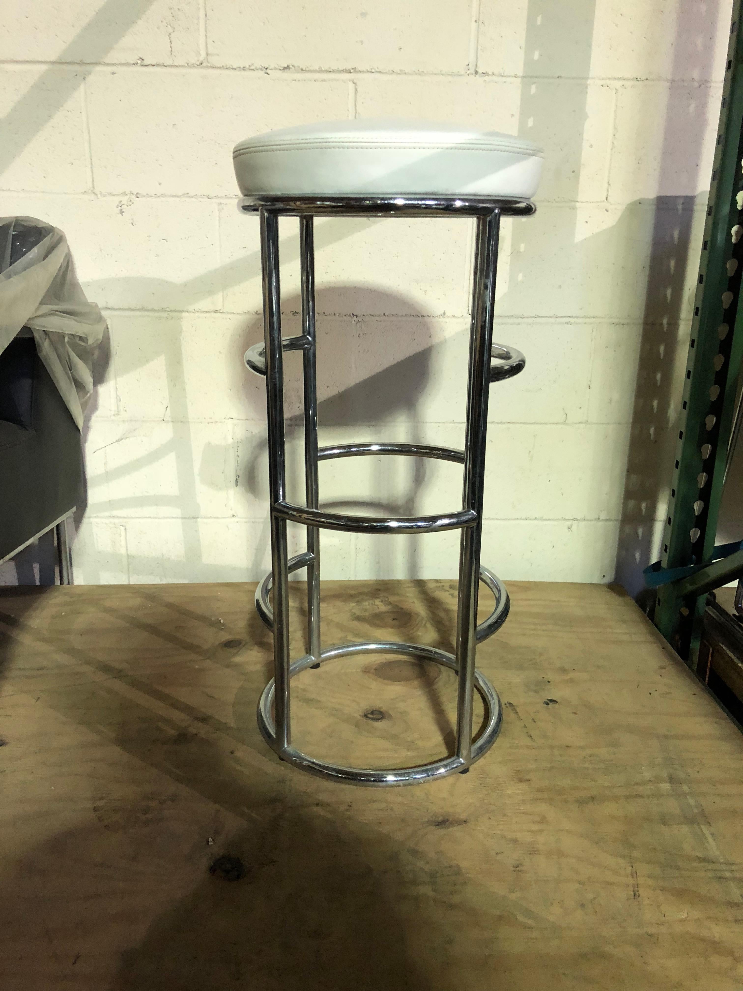 Satish bar stool designed by Eckart Muthesius
Frame of chromium-plated steel tubing.
Original price $1895
Upholstery:
Polyurethane with quilting cotton on a
Beech frame
Satish stool COL (leather)
Artificial leather Vitello Turin grey.
     