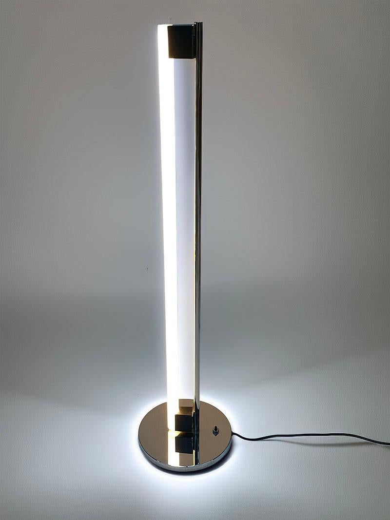 ClassiCon Tube Light floor lamp, design by Eileen Gray

A chrome Tube Light floor lamp, designed in 1927 by the Irish designer Eileen Gray (1878-1976), manufactured by ClassiCon, München Germany. 
Chromed steel tube with black plastic fitting for
