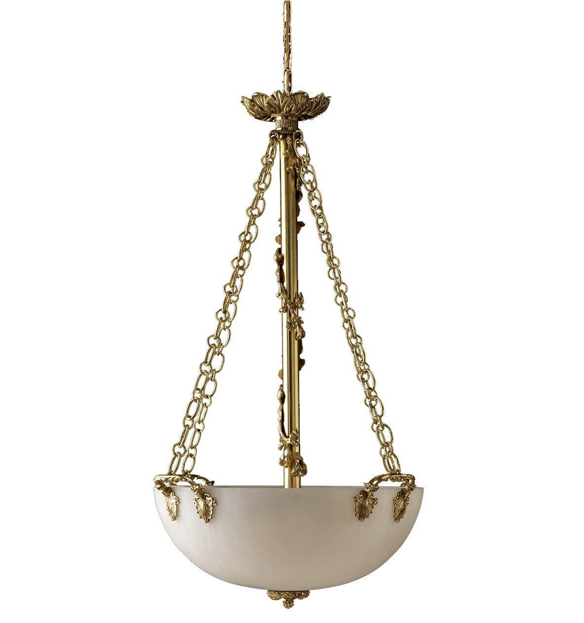 This bold chandelier will exude glamour and timeless sophistication, diffusing dramatic light in any room. A sleek demilune silhouette in ivory alabaster effortlessly hangs from two bold chain strands and a central solid rod. The chains connect to