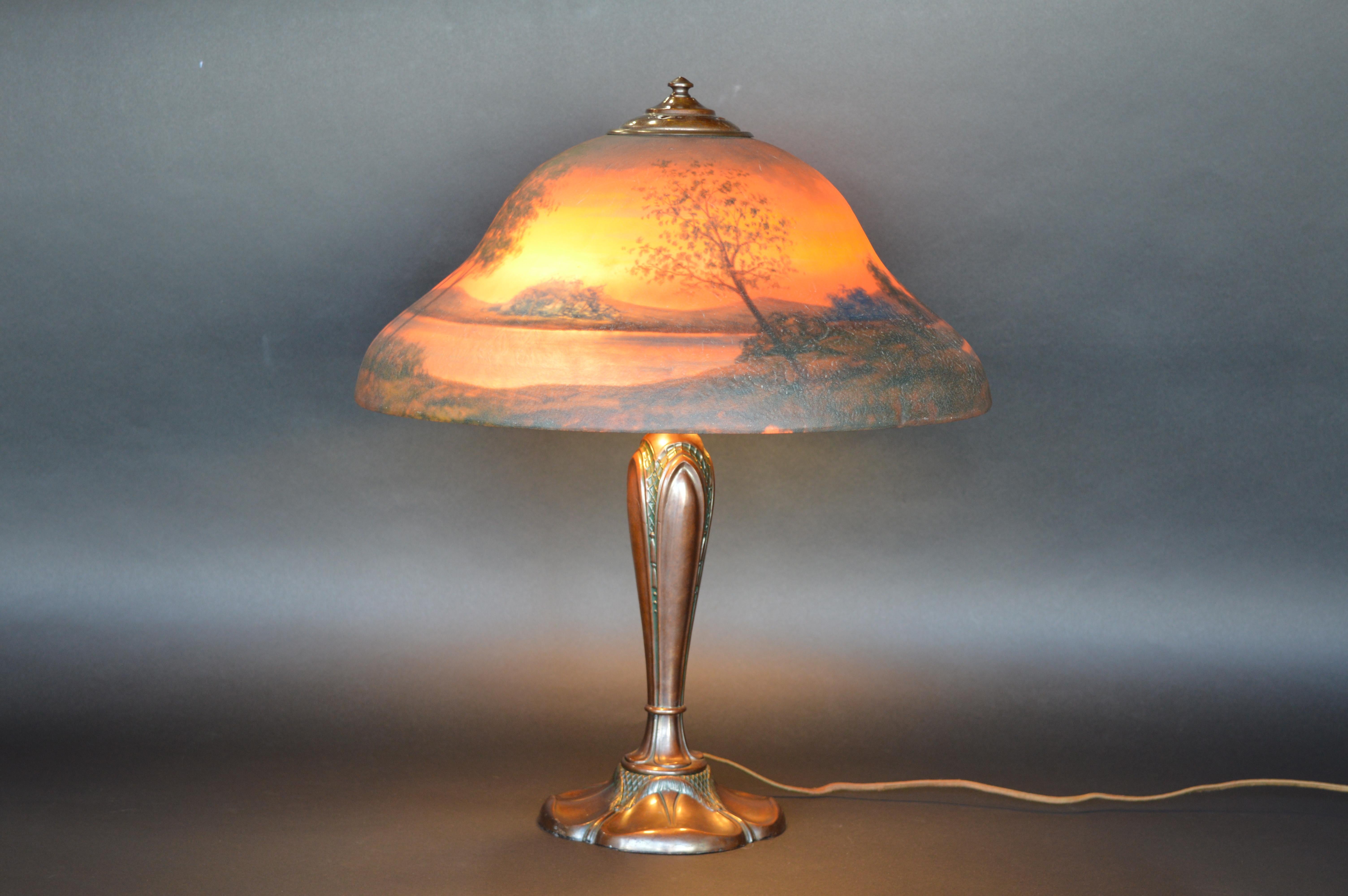 Metal Classique Sunset Landscape Table Lamp, circa 1920 For Sale