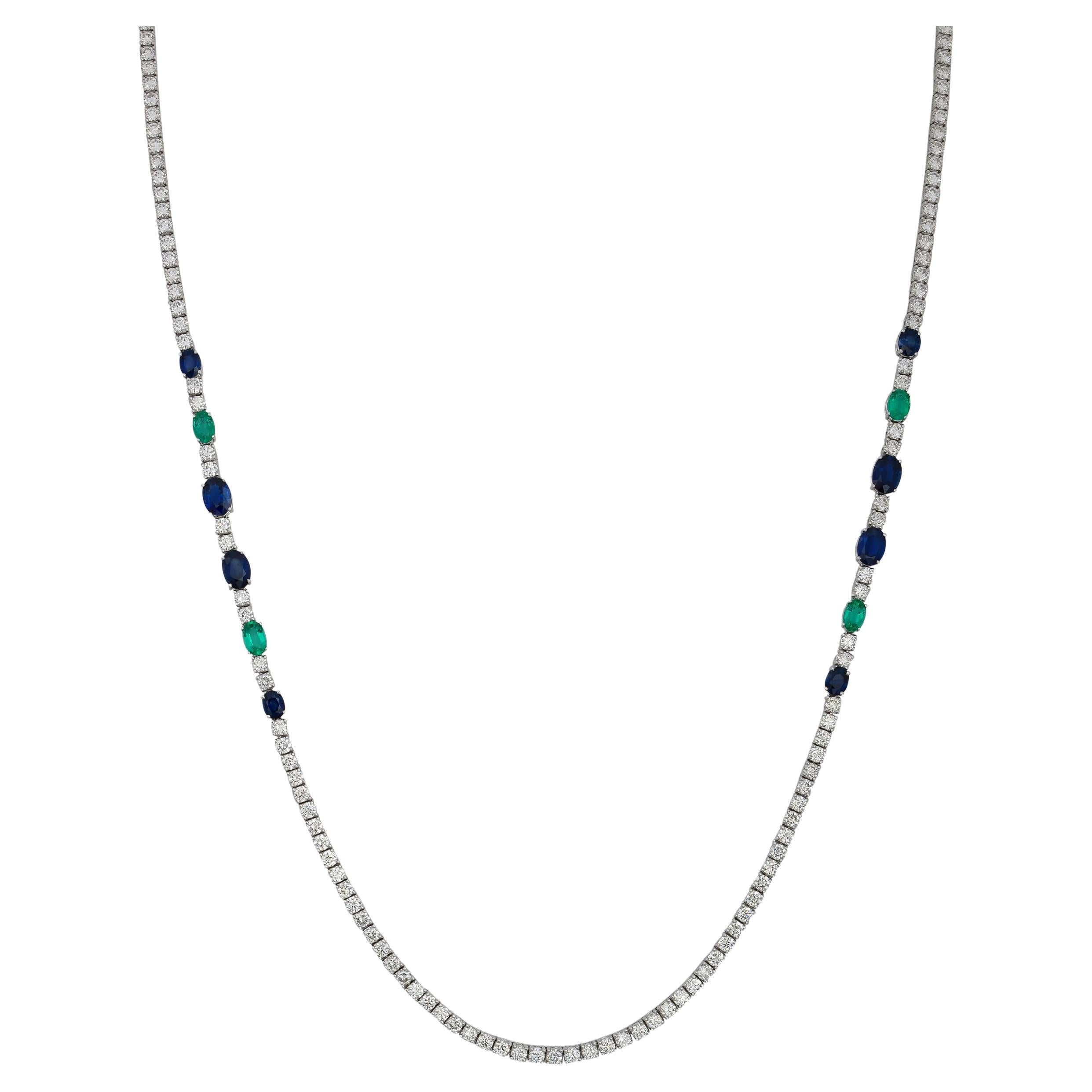 ClassiC Emerald, Sapphire & Diamond Long Necklace in 18 Karat White Gold For Sale