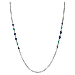 ClassiC Emerald, Sapphire & Diamond Long Necklace in 18 Karat White Gold