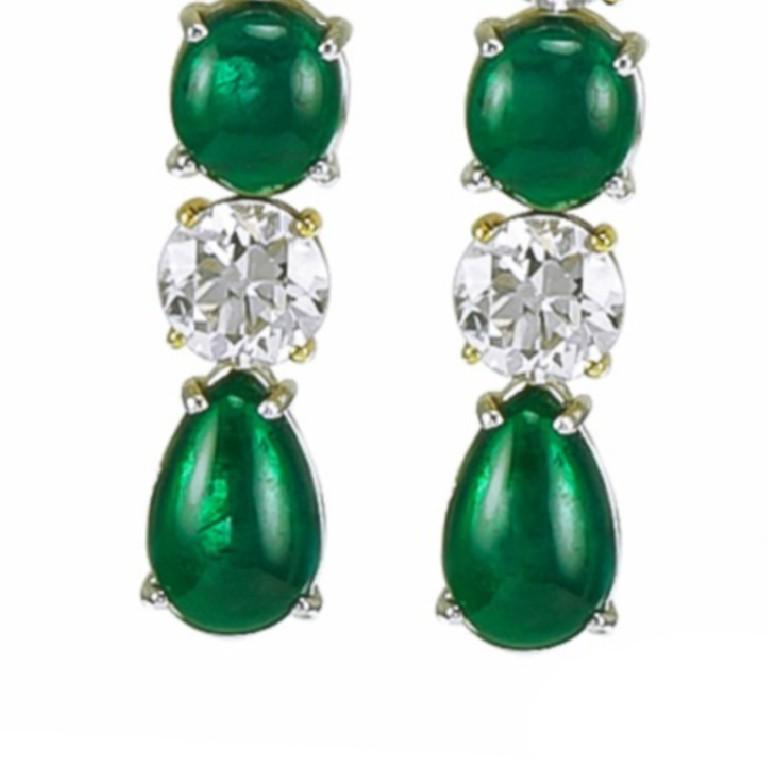 Round Cut Classy 13.72 Carat Platinum Green Emerald and Diamond Earrings