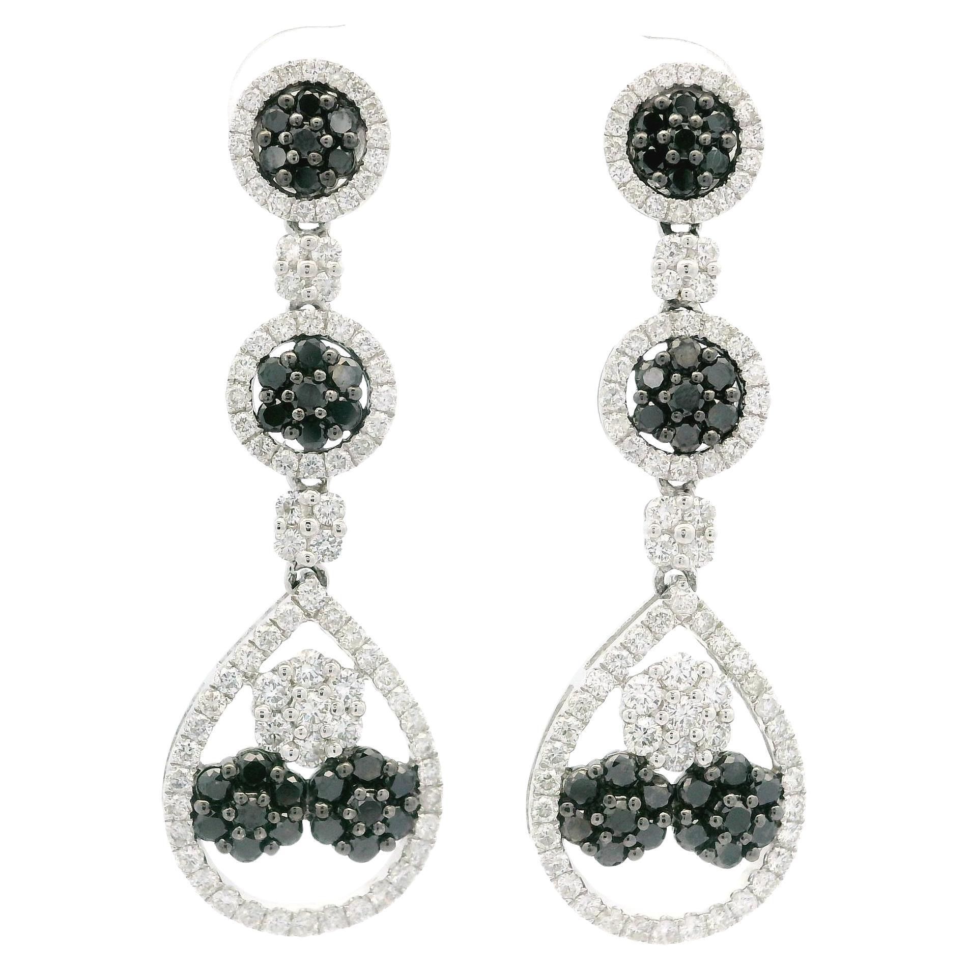 Classy 14k White Gold 2.79ctw Round White & Black Diamond Dangle Drop Earrings