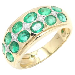 Emerald Diamond Wedding Band Ring for Father in 14k Solid Yellow Gold