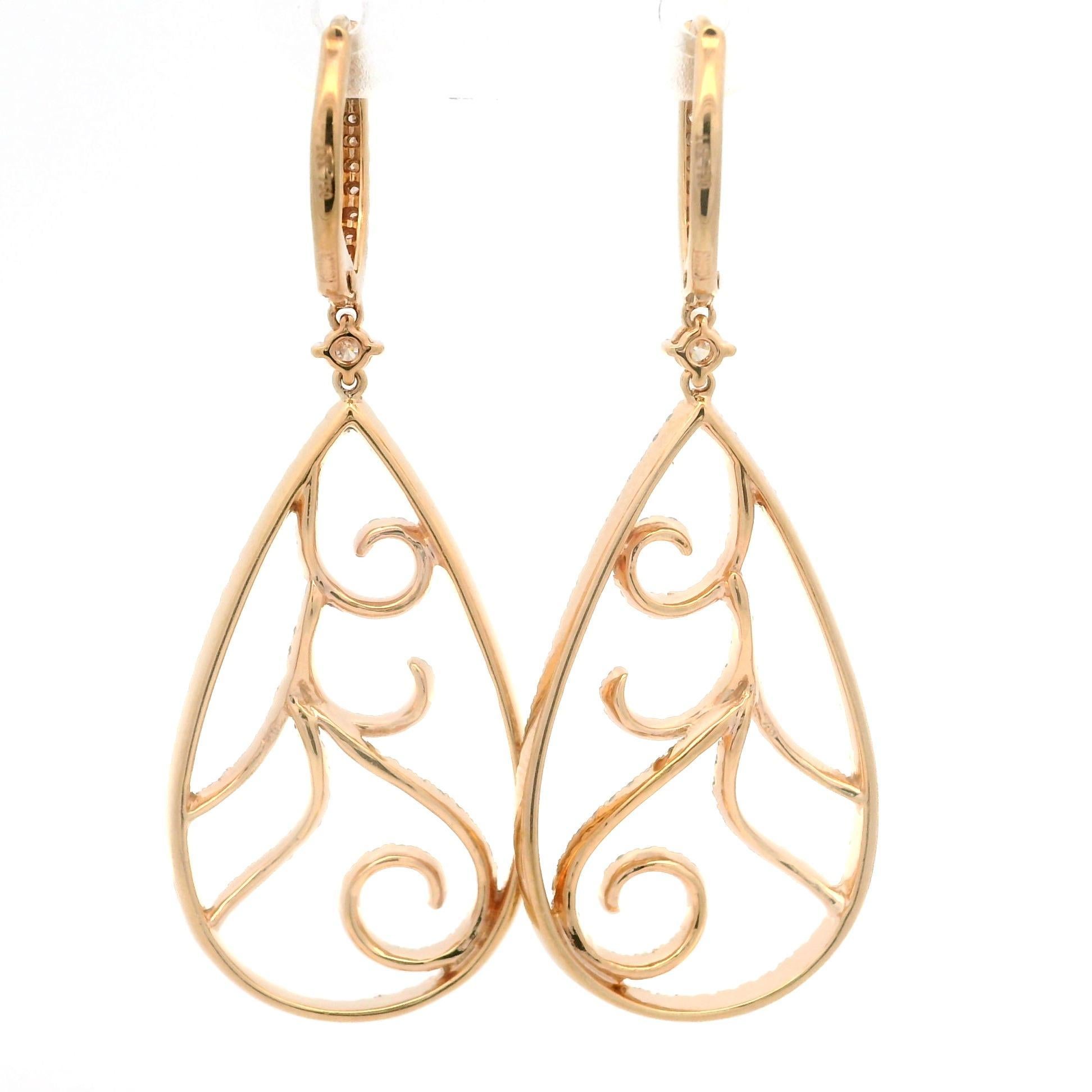 Klassische lange Ohrringe aus 18 Karat Roségold mit 3 Karat Diamanten und offenem Tropfenmuster (Brillantschliff) im Angebot