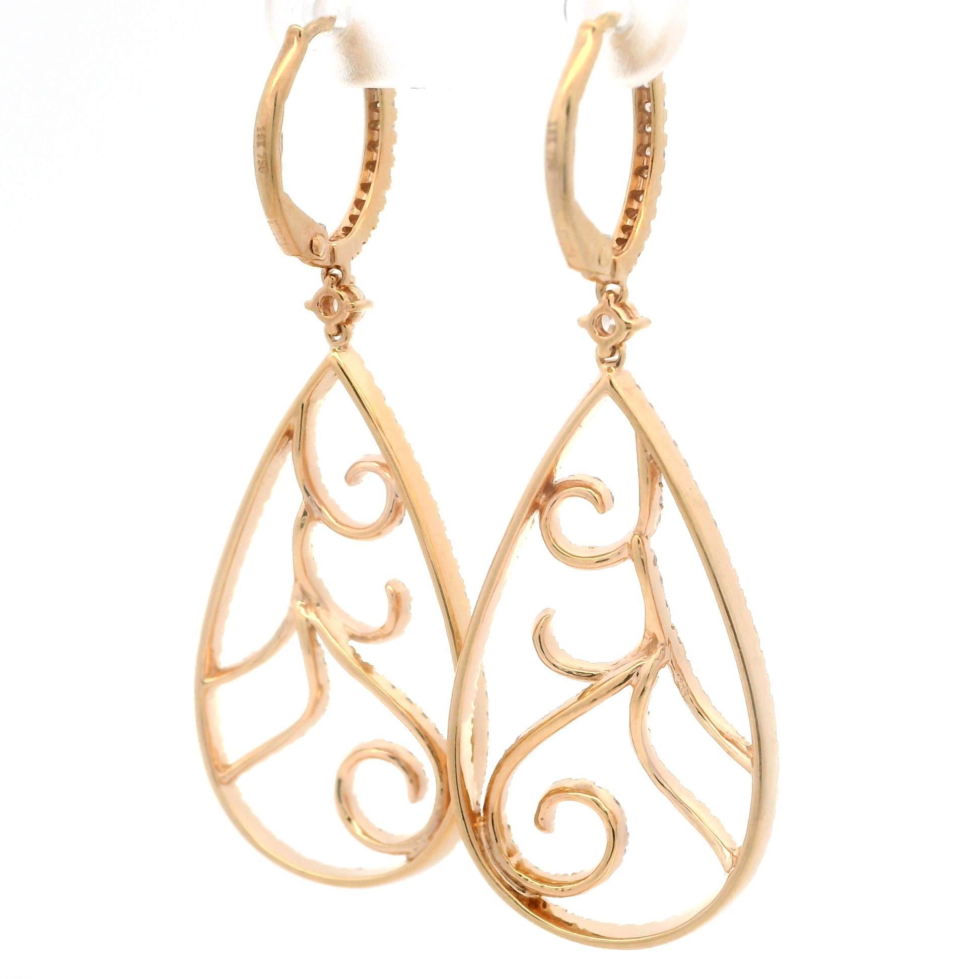 Klassische lange Ohrringe aus 18 Karat Roségold mit 3 Karat Diamanten und offenem Tropfenmuster Damen im Angebot