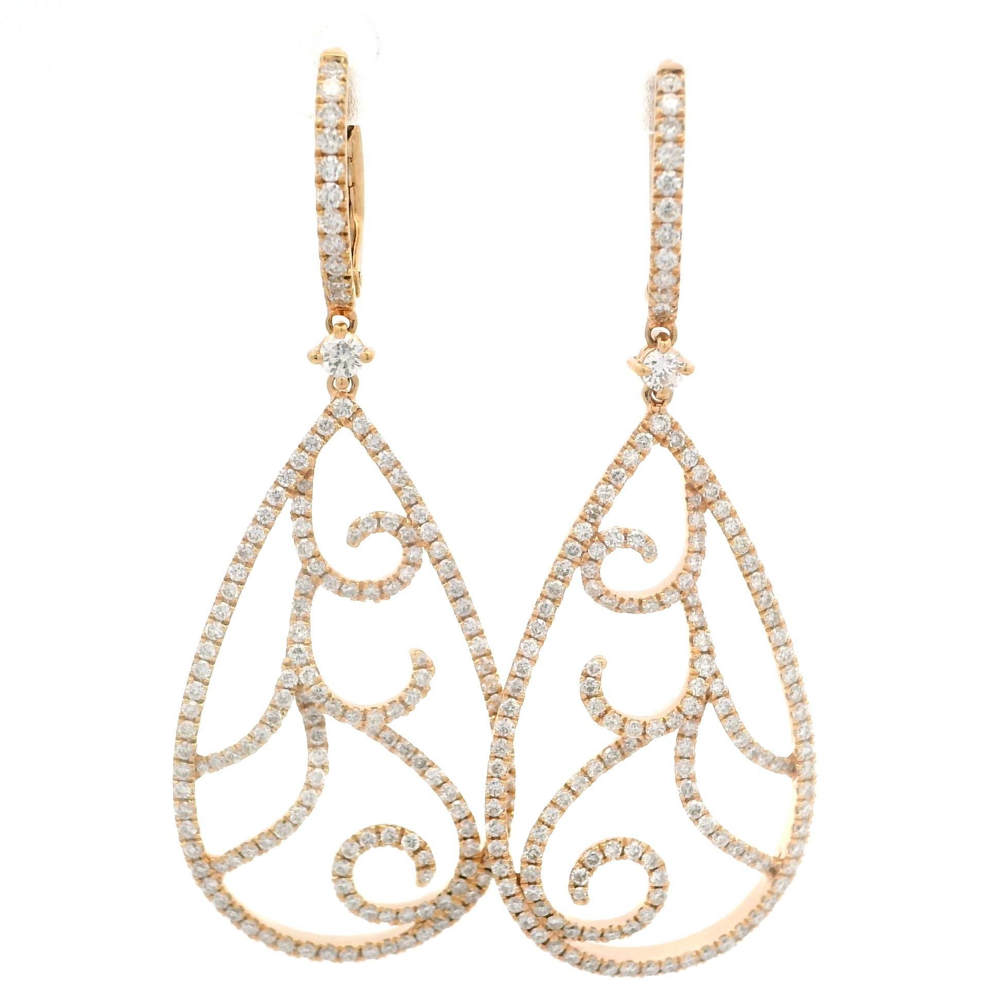 Klassische lange Ohrringe aus 18 Karat Roségold mit 3 Karat Diamanten und offenem Tropfenmuster im Angebot 1