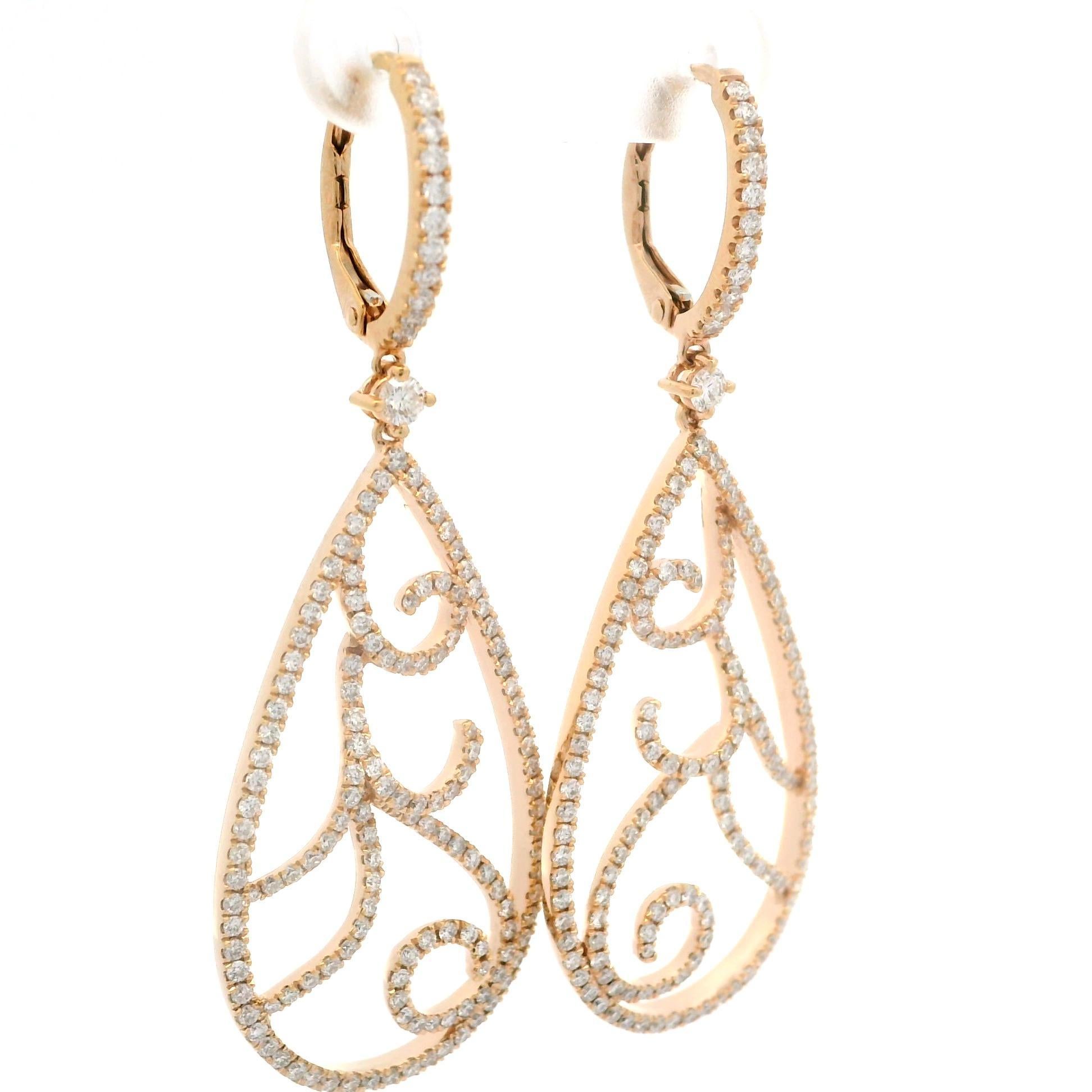 Klassische lange Ohrringe aus 18 Karat Roségold mit 3 Karat Diamanten und offenem Tropfenmuster im Angebot 2