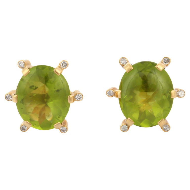 Classy 18K Yellow Gold Oval Peridot Stud Earrings with Diamond Prongs