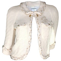 Classy Chanel Ivory Chain Braided Tweed CC Logo Button Jacket
