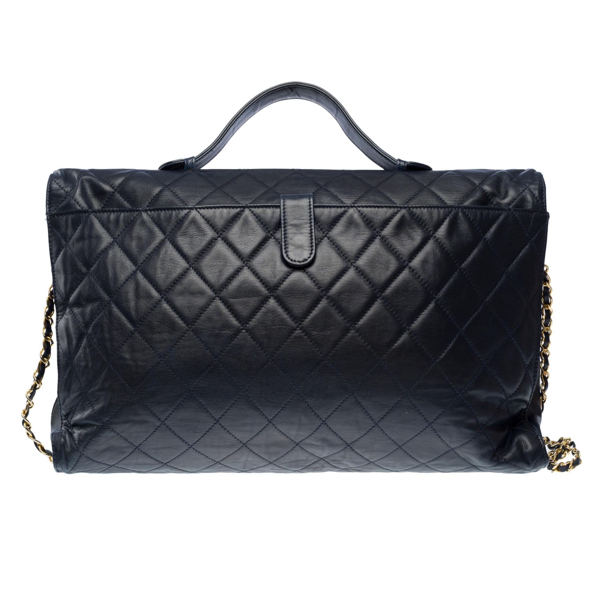Black Classy Chanel vintage Briefcase in Navy blue quilted lambskin leather, GHW
