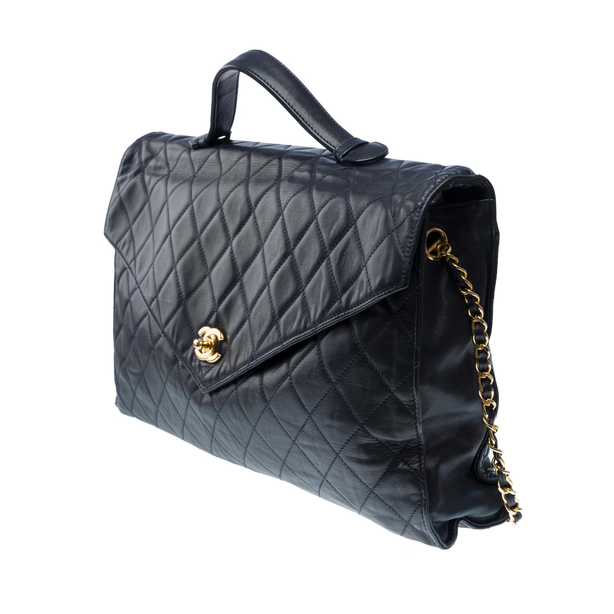 Classy Chanel vintage Briefcase in Navy blue quilted lambskin leather, GHW In Good Condition In Paris, IDF
