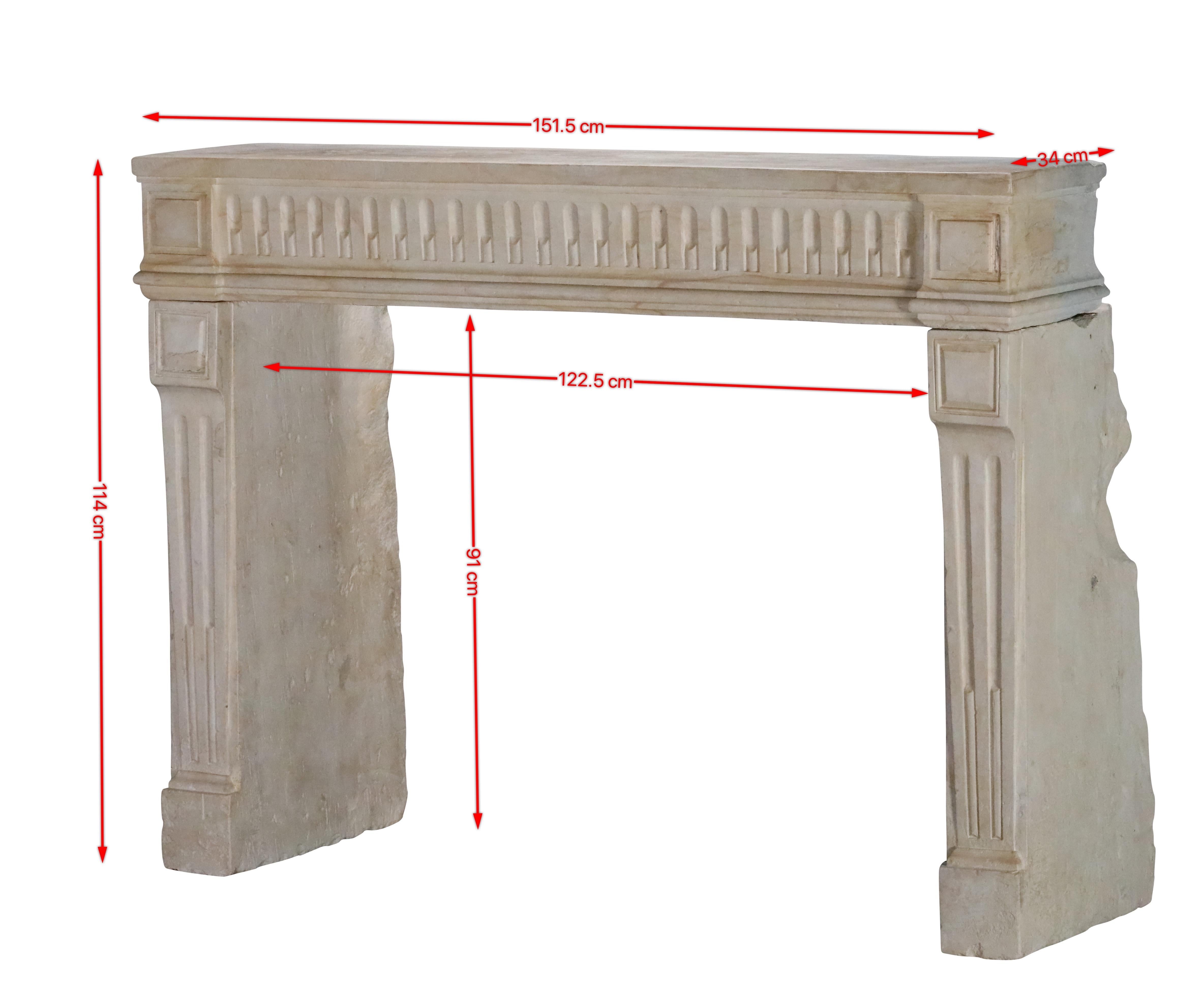 Unusual exceptional French limestone fireplace surround from the Louis XVI period. 18th century building element with some exceptional Artempo wear. This decorative element is the principal ambiance setter in any room.
Measurements:
151,5 cm