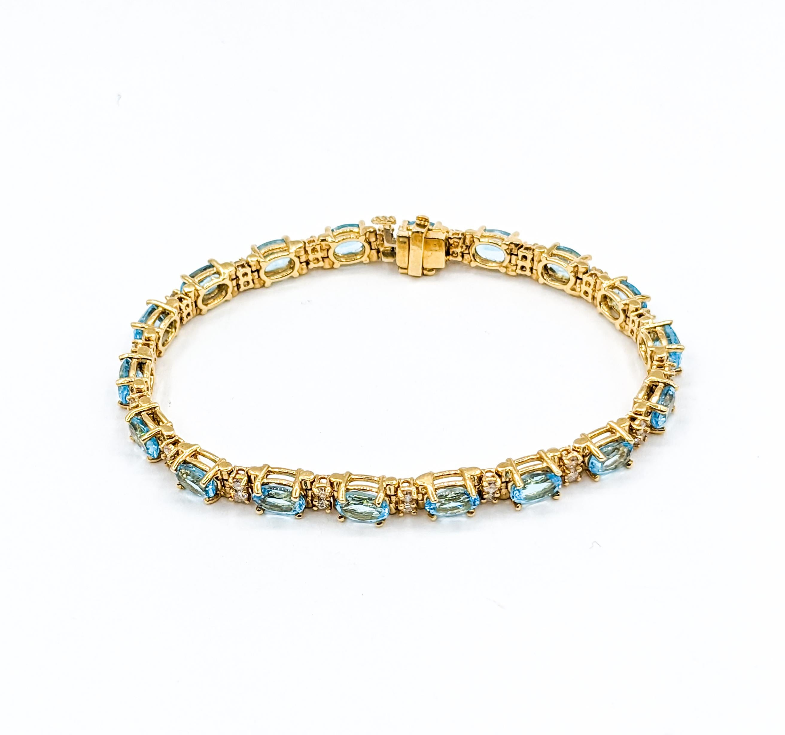 Classy Diamond & Blue Topaz Tennis Bracelet in Gold For Sale 2