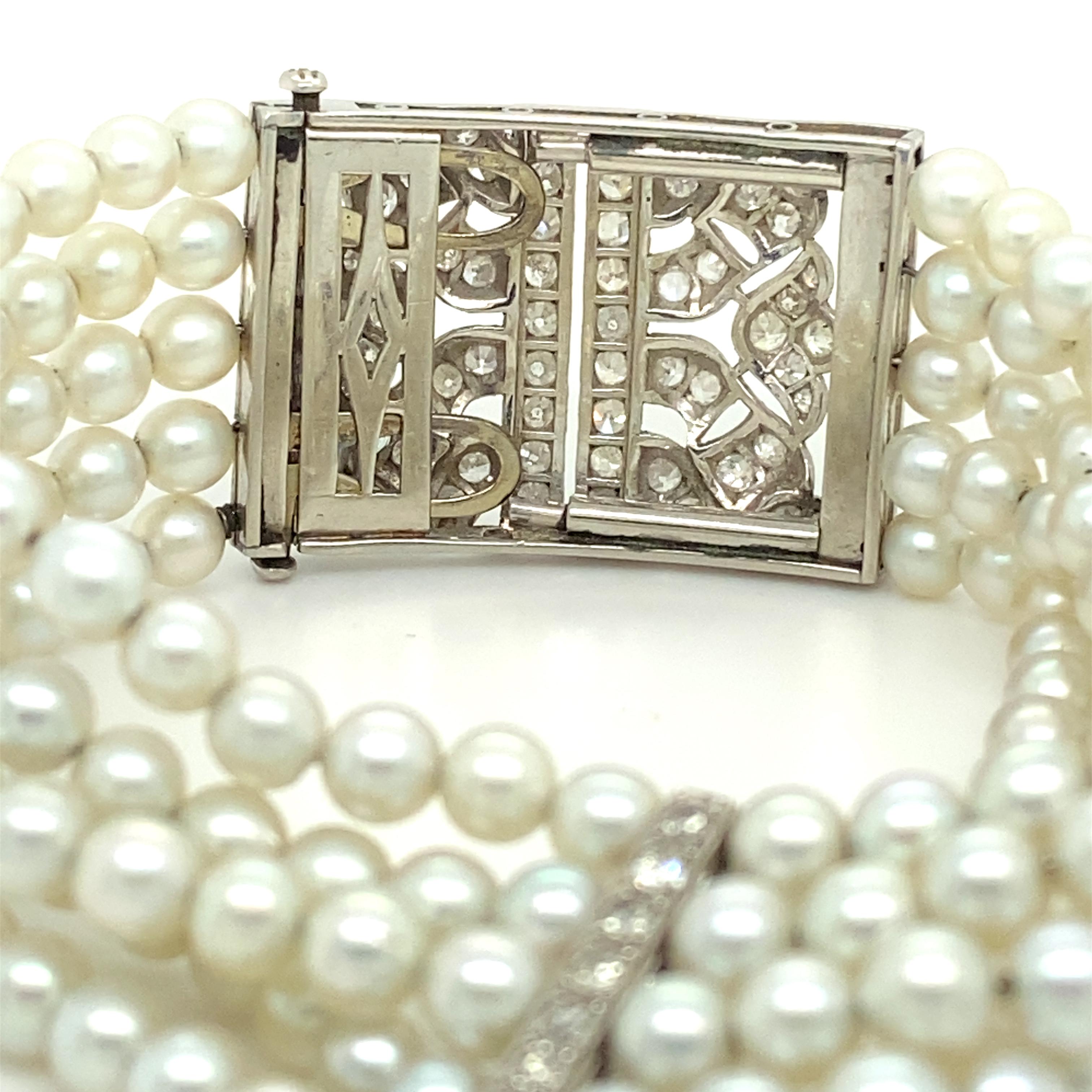 Classy Five-Strand Bracelet with Cultured Pearls and Diamonds For Sale 3