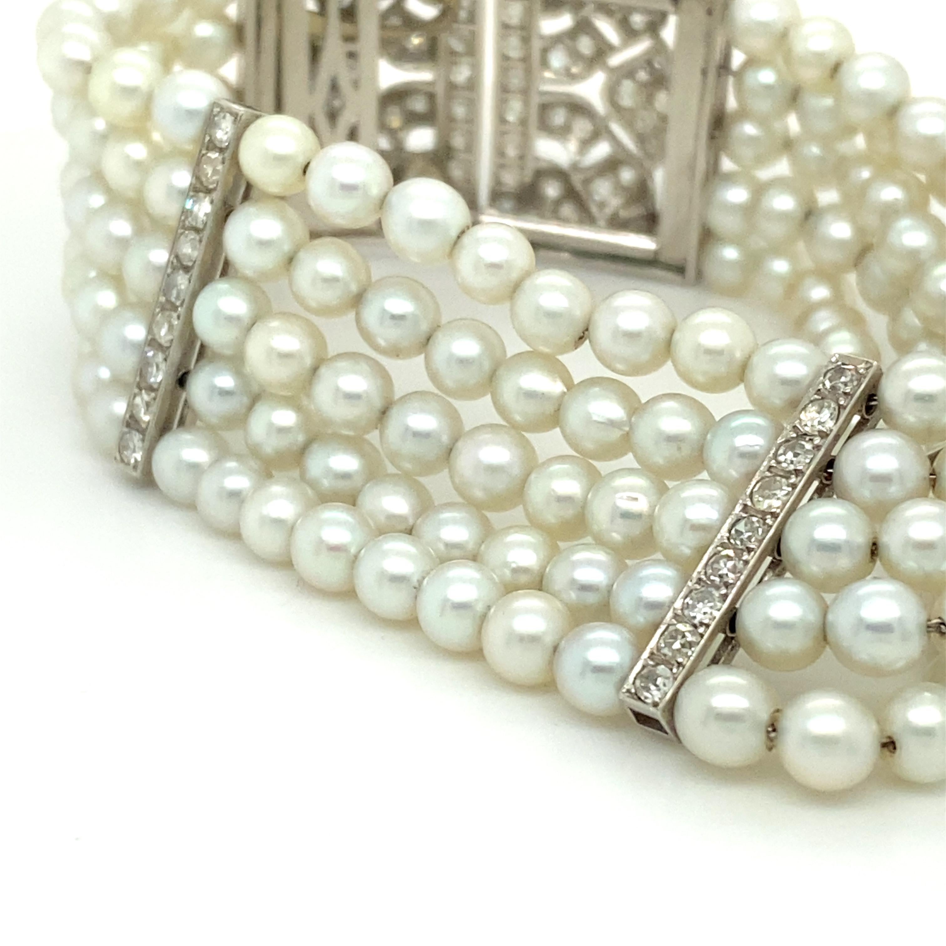 Art Deco Classy Five-Strand Bracelet with Cultured Pearls and Diamonds For Sale