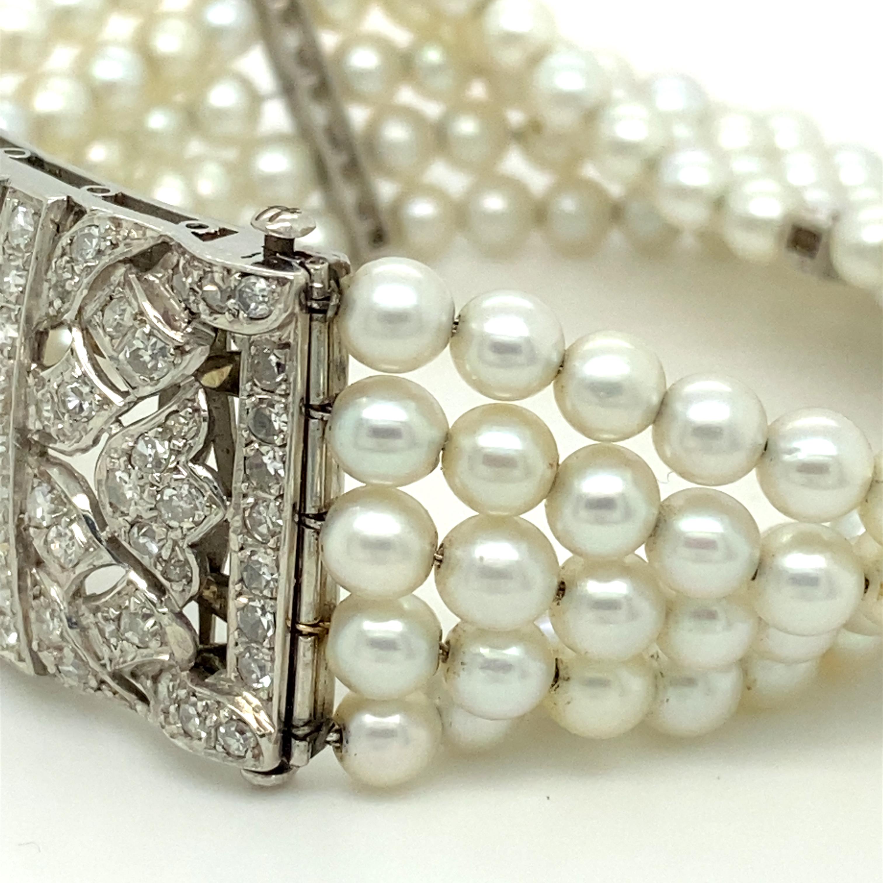 Single Cut Classy Five-Strand Bracelet with Cultured Pearls and Diamonds For Sale