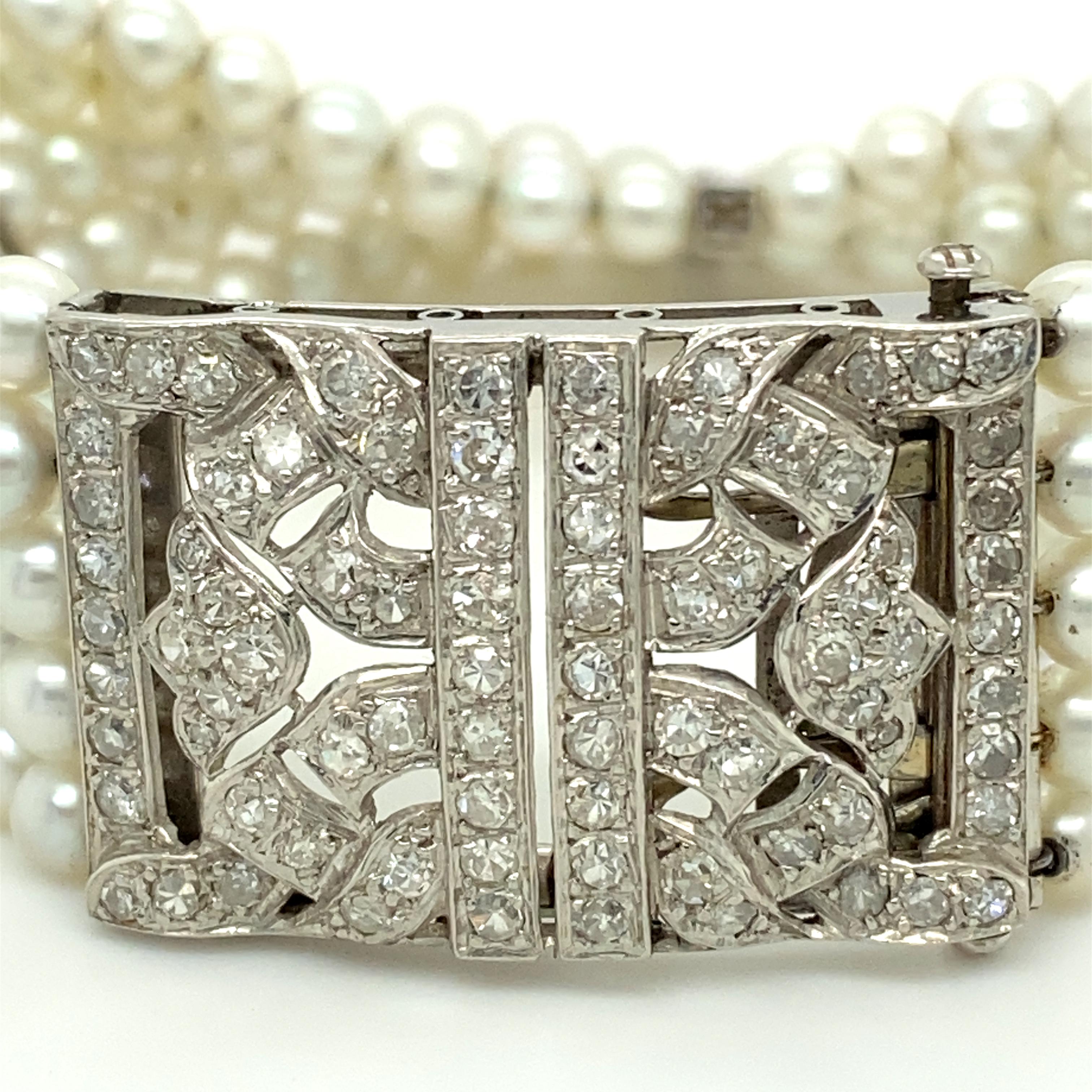 Women's or Men's Classy Five-Strand Bracelet with Cultured Pearls and Diamonds For Sale