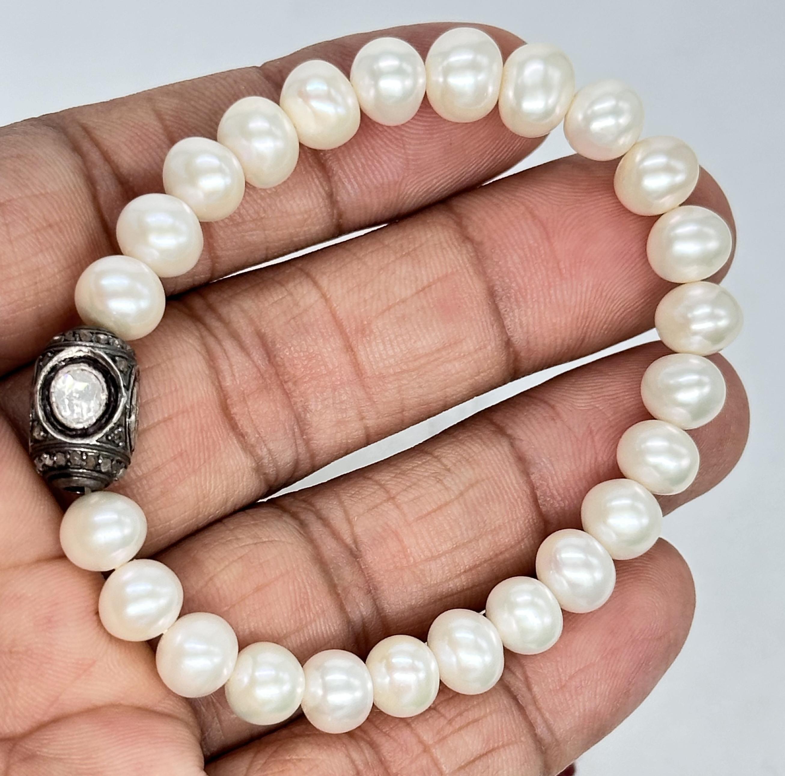 Mixed Cut Classy Freshwater white pearl diamond bead sterling silver stretch bracelet For Sale