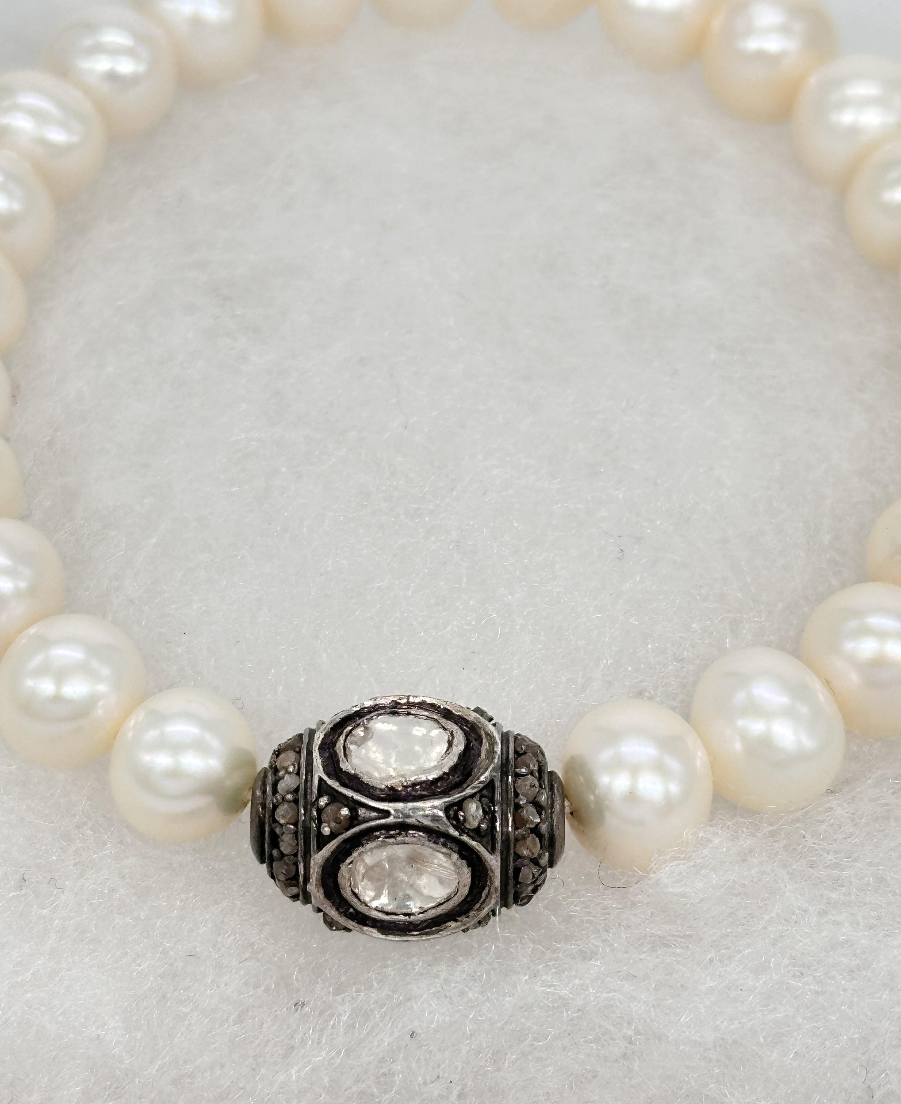 Women's or Men's Classy Freshwater white pearl diamond bead sterling silver stretch bracelet For Sale