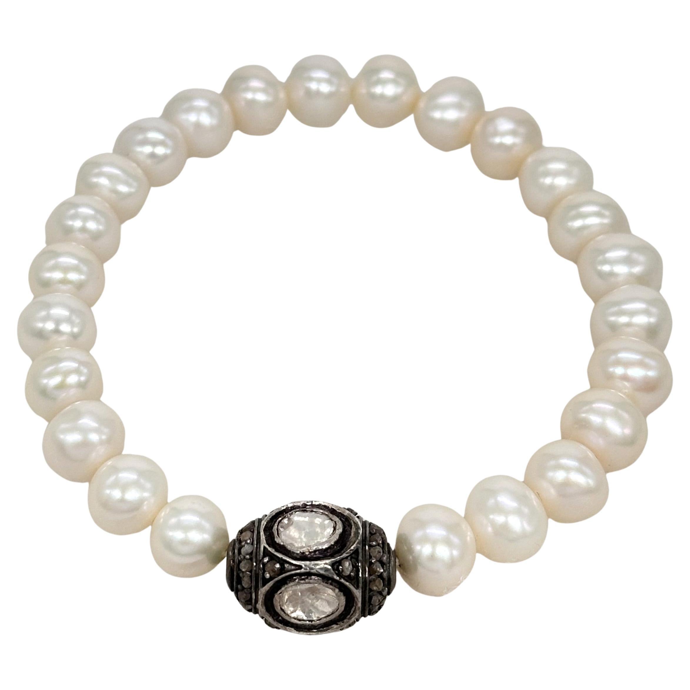 Classy Freshwater white pearl diamond bead sterling silver stretch bracelet