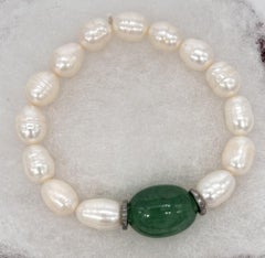 Classy green jade Freshwater white pearl diamond roundel silver stretch bracelet
