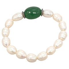 Classy green jade Freshwater white pearl diamond roundel silver stretch bracelet