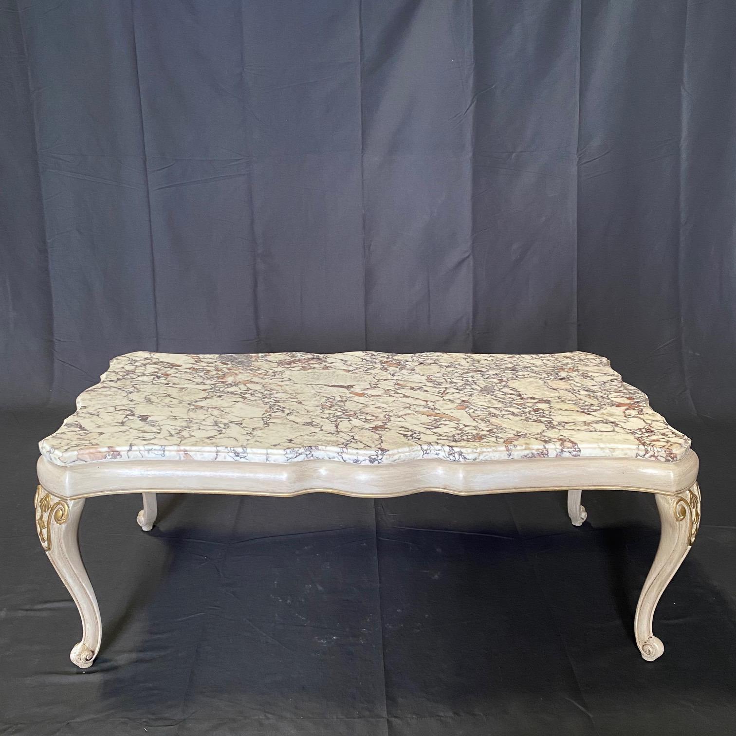 American Classy Midcentury Louis XV Style Coffee Table with Stunning Marble Top For Sale