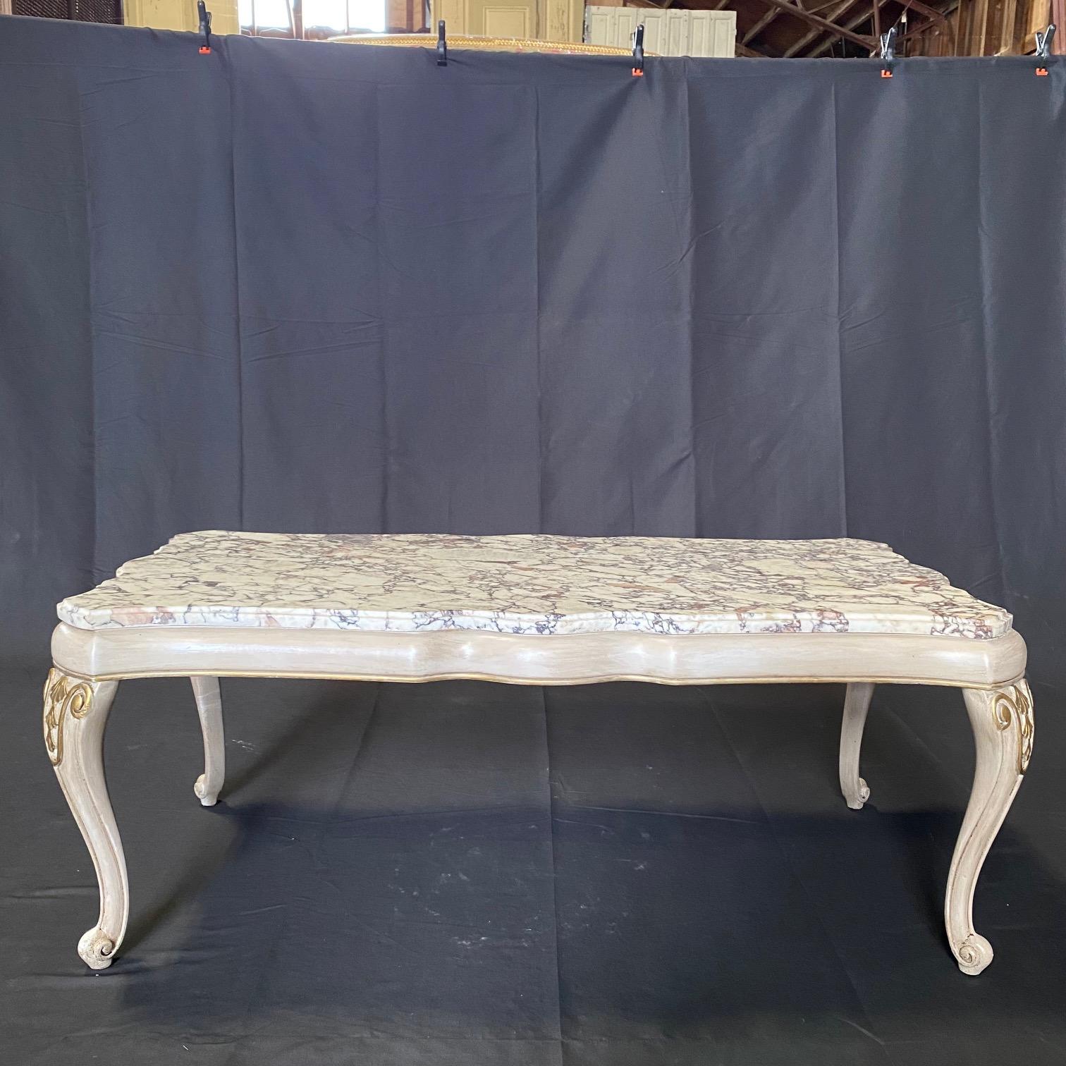 Classy Midcentury Louis XV Style Coffee Table with Stunning Marble Top In Good Condition For Sale In Hopewell, NJ