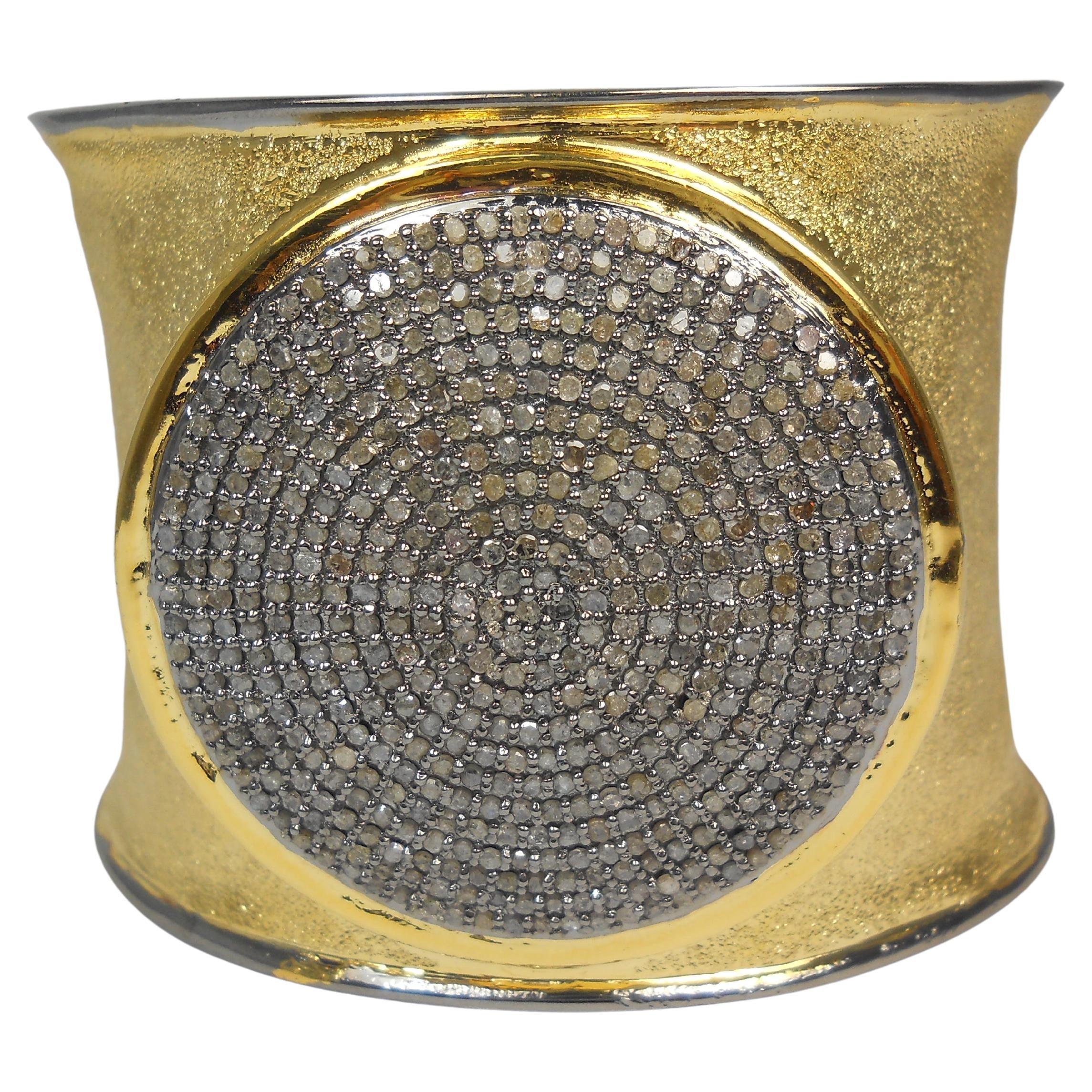 Classy Natural diamonds Disc Gold plated silver handcuff bracelet For Sale
