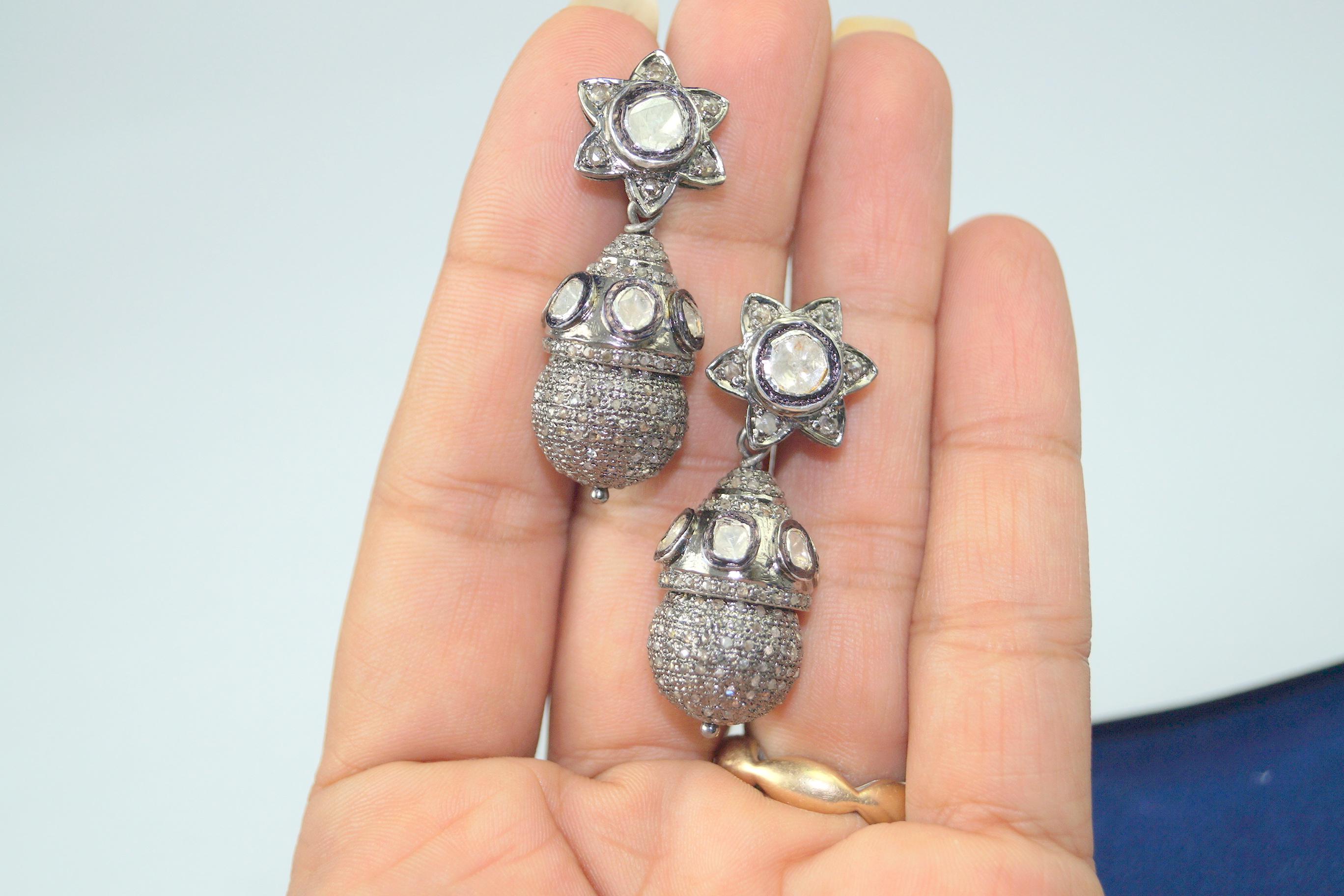 Classy Natural uncut rose cut diamonds sterling silver ball drop earrings  For Sale 4