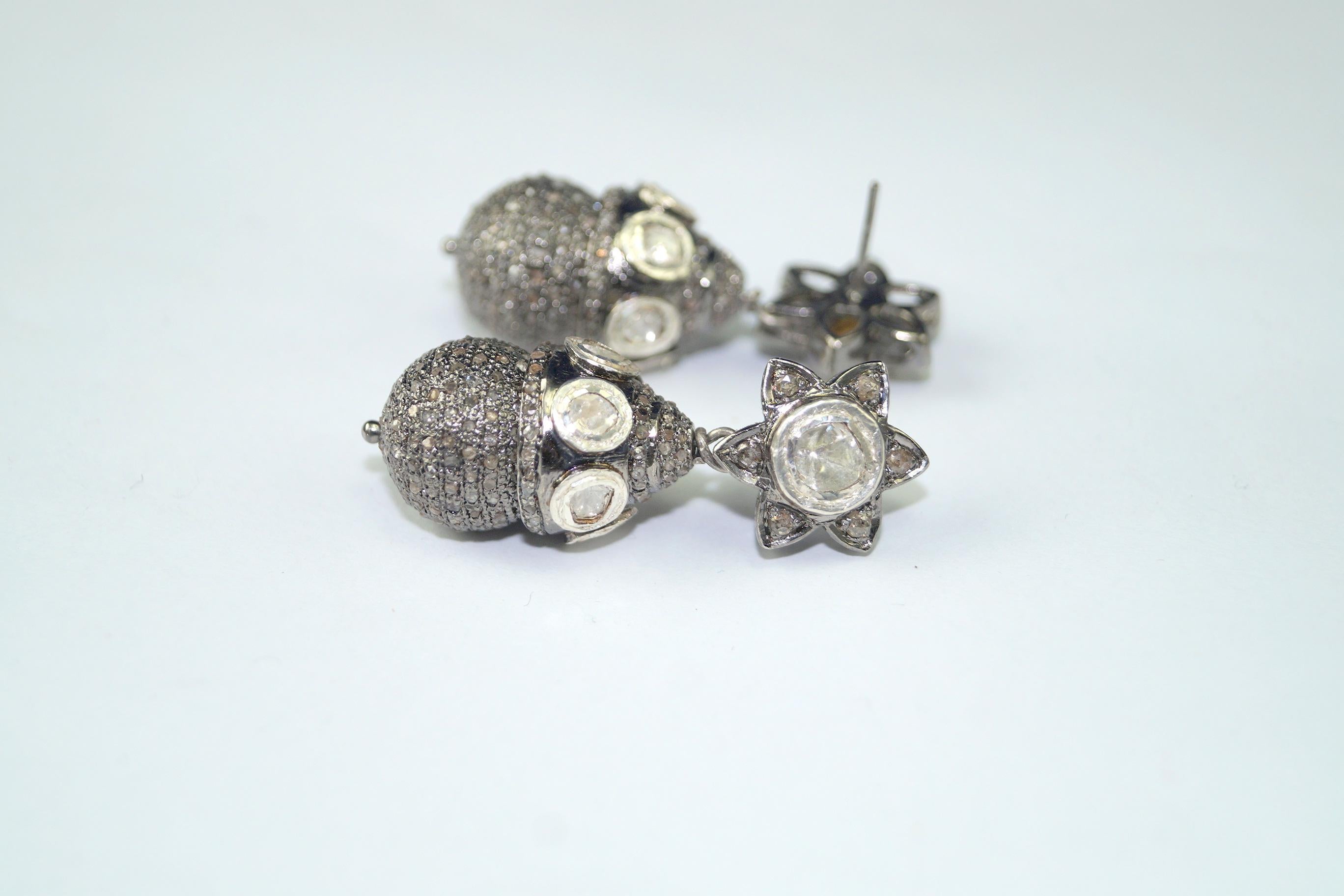 Rose Cut Classy Natural uncut rose cut diamonds sterling silver ball drop earrings  For Sale