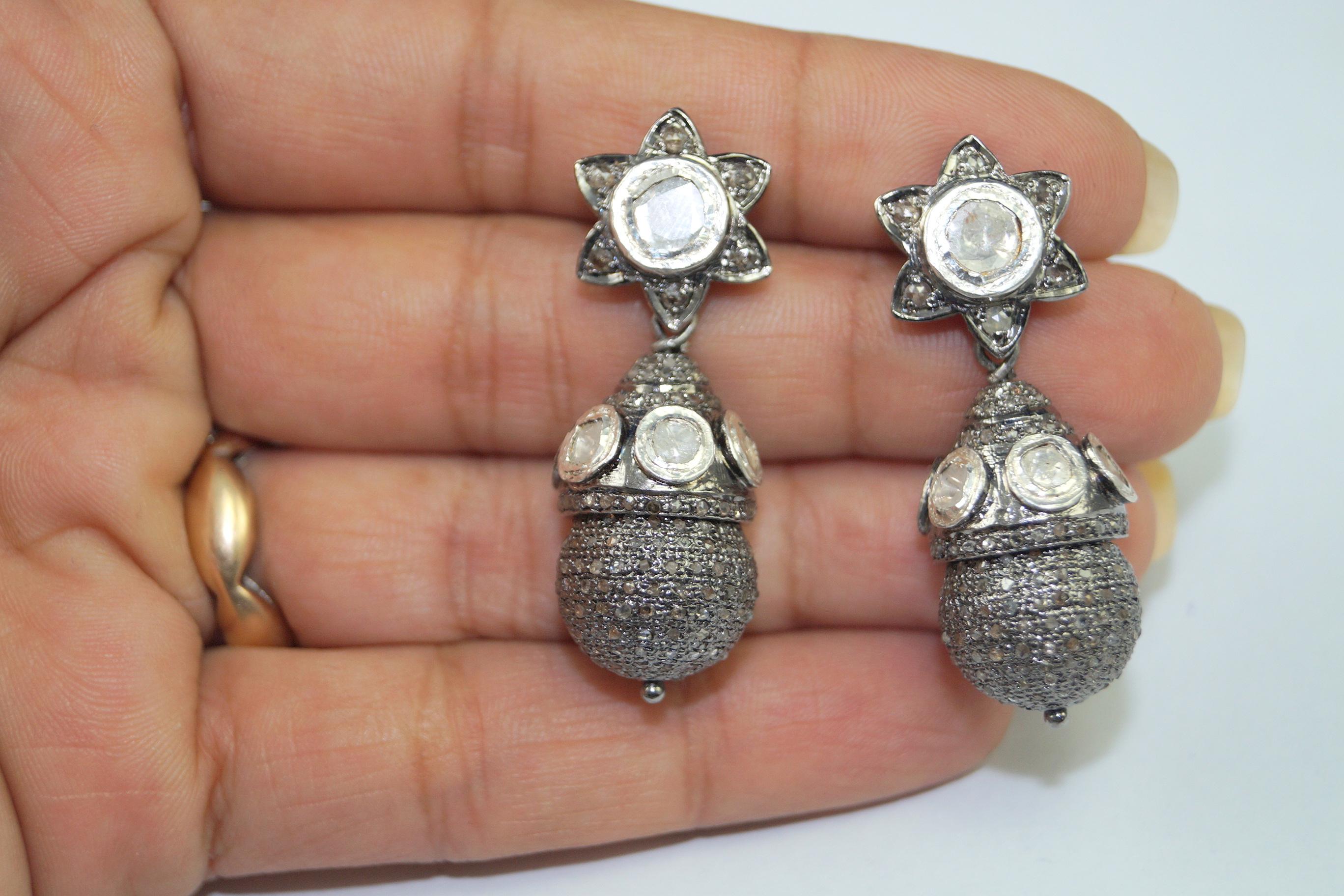 Classy Natural uncut rose cut diamonds sterling silver ball drop earrings  In New Condition For Sale In Delhi, DL