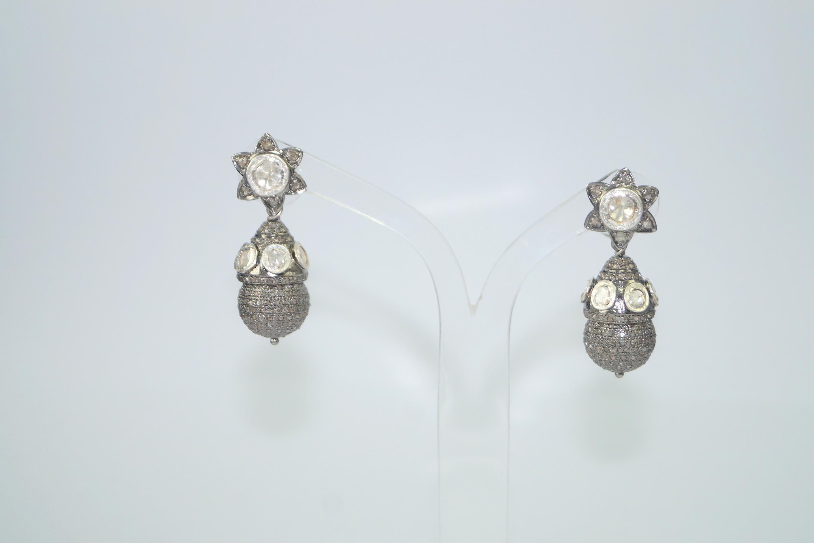 Classy Natural uncut rose cut diamonds sterling silver ball drop earrings  For Sale 1