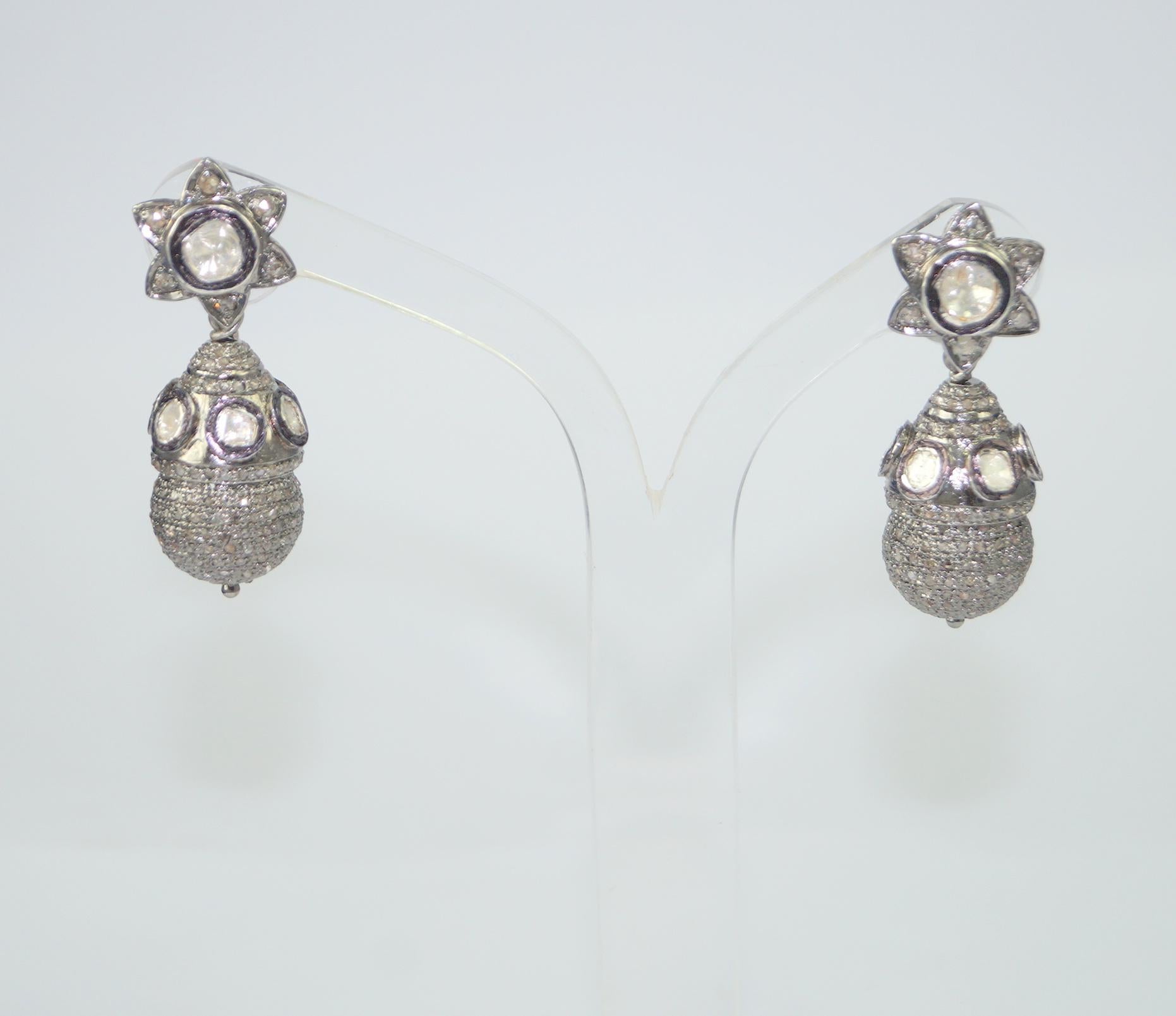 Classy Natural uncut rose cut diamonds sterling silver ball drop earrings  For Sale 2