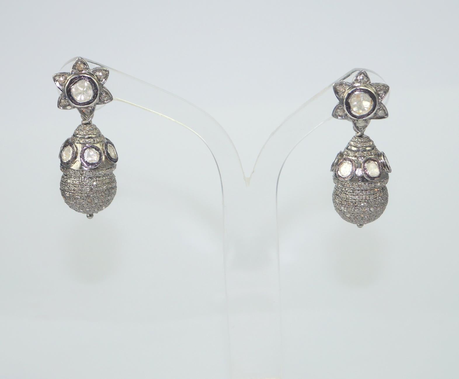 Classy Natural uncut rose cut diamonds sterling silver ball drop earrings  For Sale 3