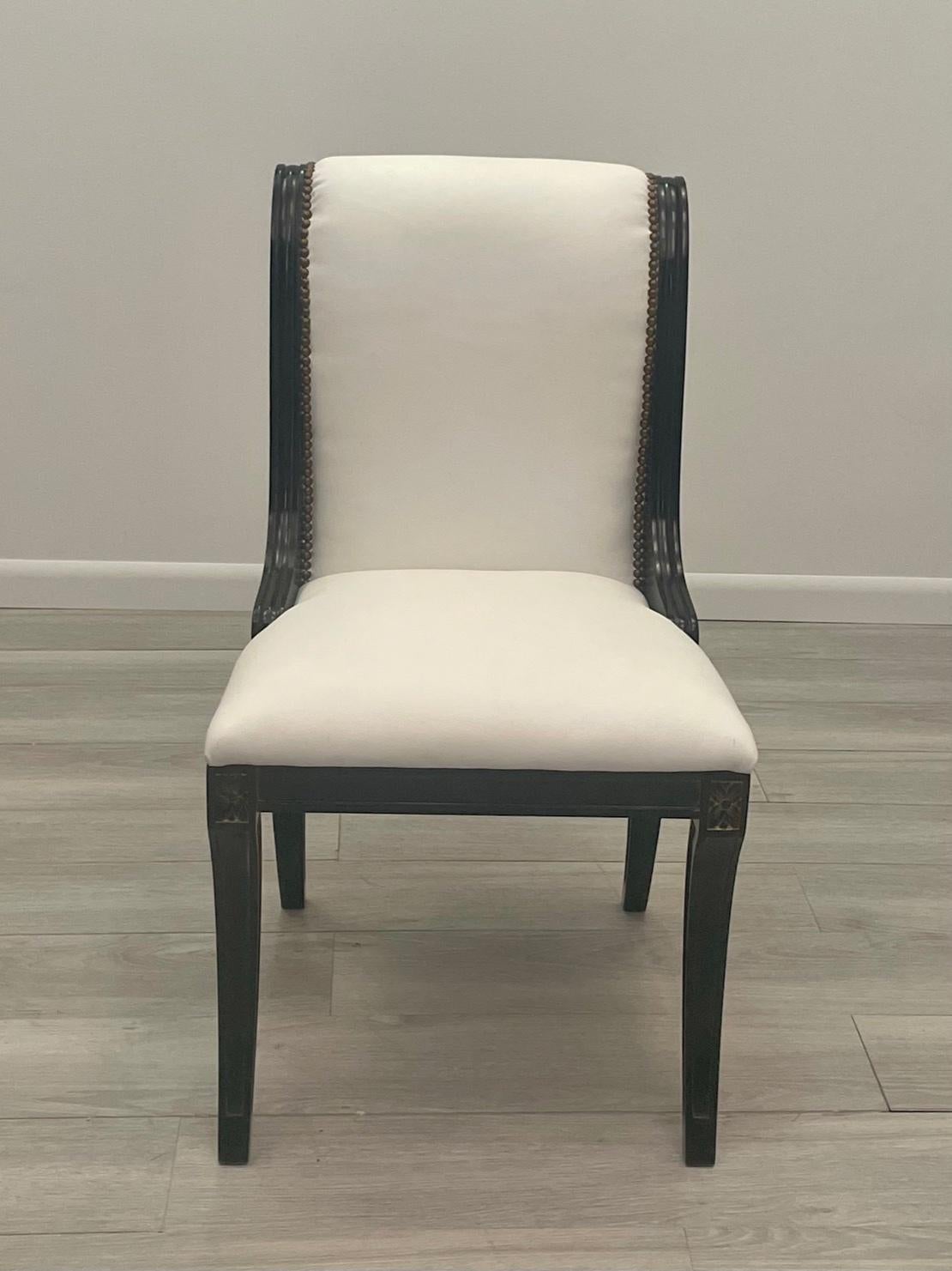 Classy Set of 4 Hollywood Regency Ebonized & Upholstered Dining Chairs For Sale 7