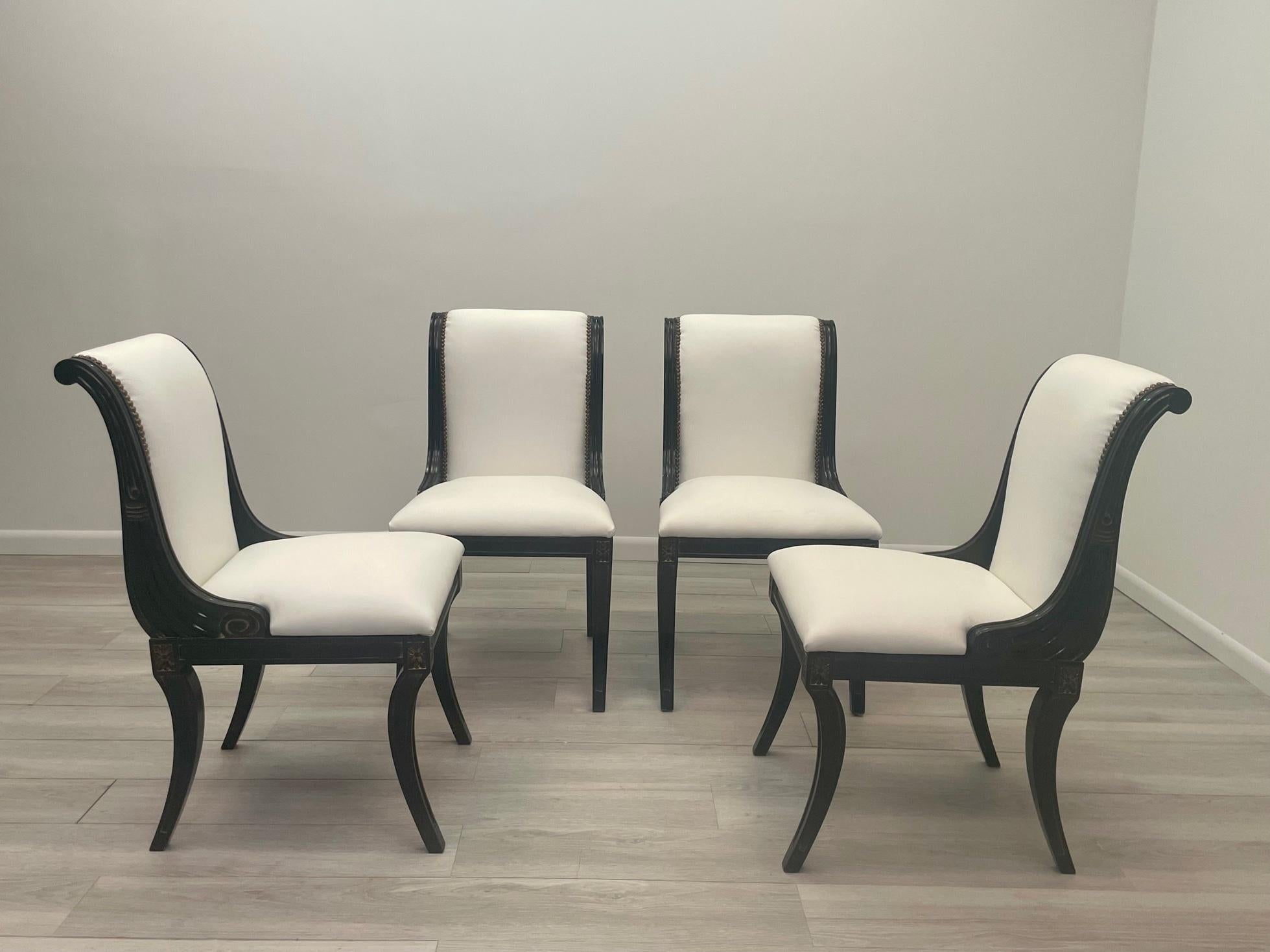 American Classy Set of 4 Hollywood Regency Ebonized & Upholstered Dining Chairs For Sale