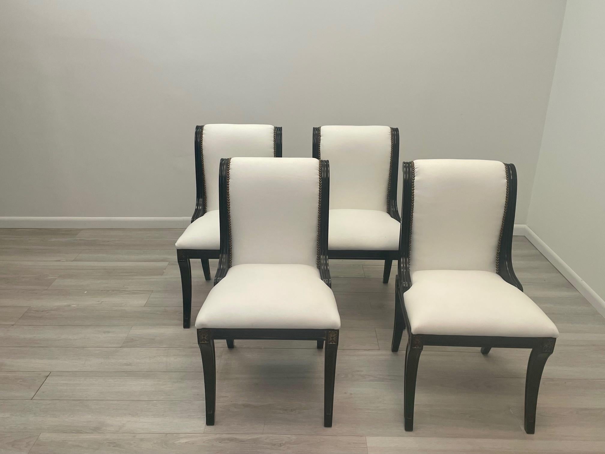 Classy Set of 4 Hollywood Regency Ebonized & Upholstered Dining Chairs In Good Condition For Sale In Hopewell, NJ