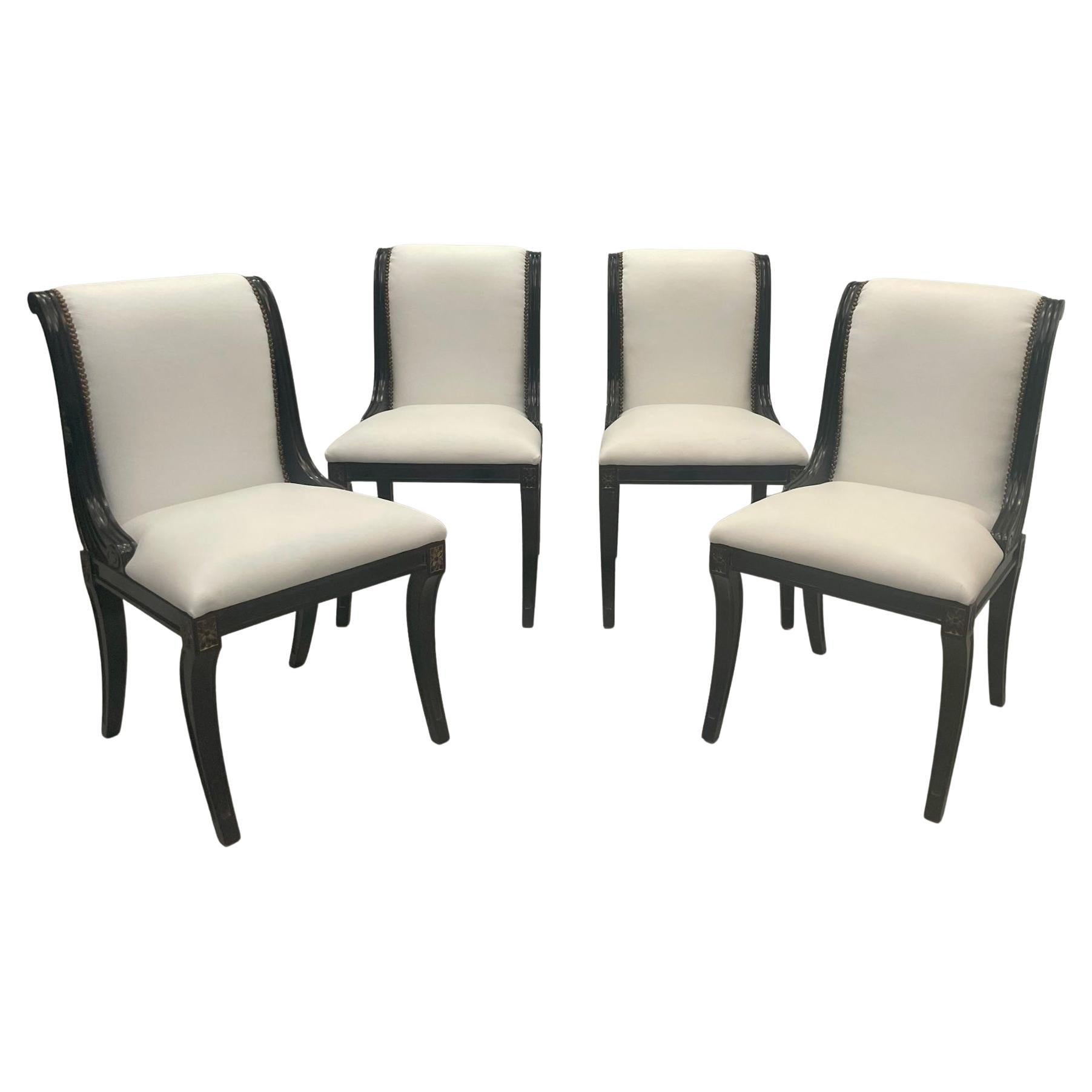 Classy Set of 4 Hollywood Regency Ebonized & Upholstered Dining Chairs For Sale