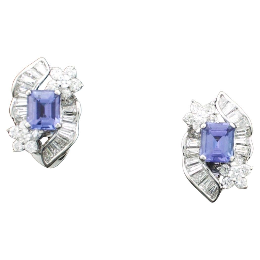 Classy Tanzanite and Diamond Earrings in 18k White Gold For Sale