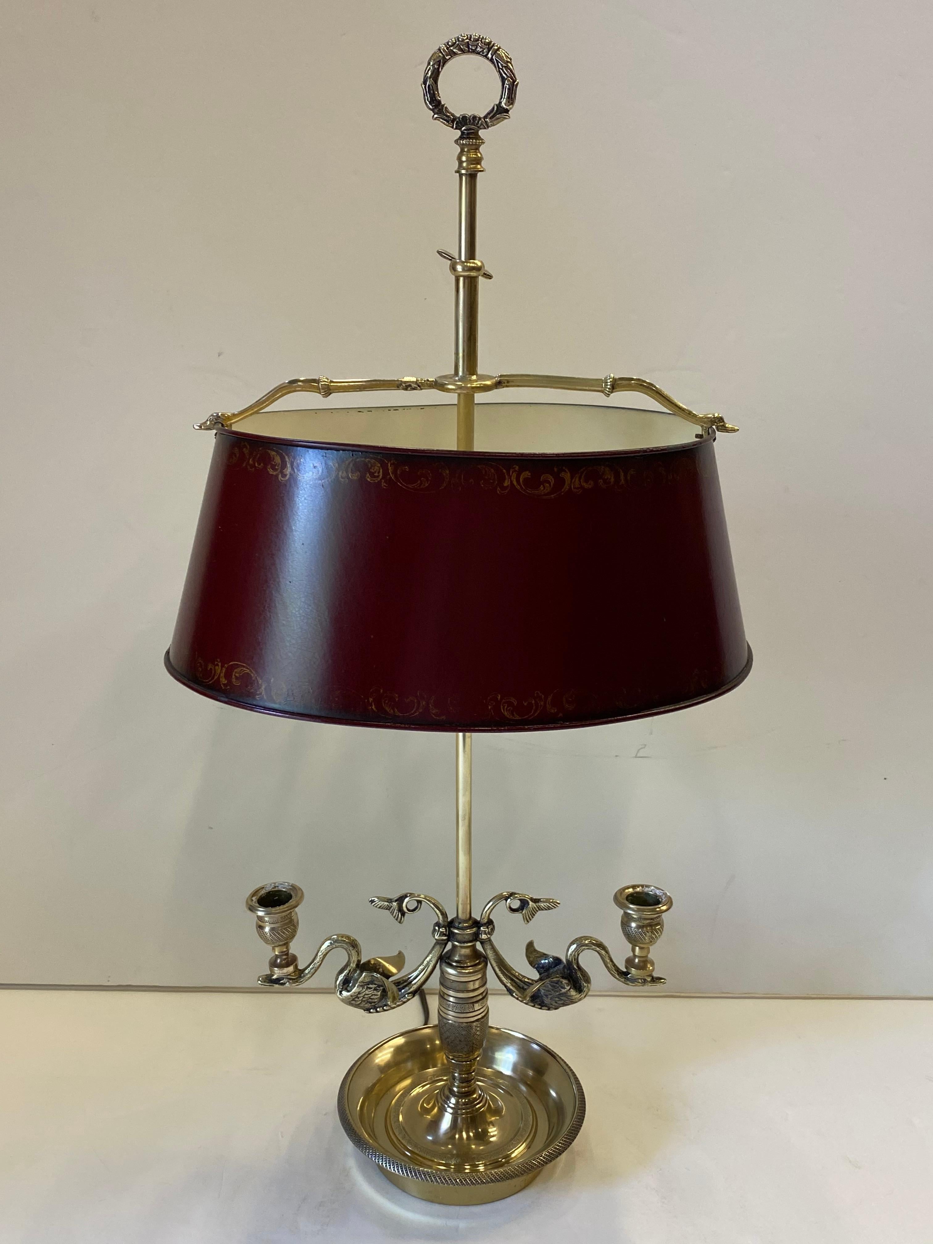 Elegant Classic bouillette style French cast brass lamp having lovely swan motife, pretty detailing on the brass and painted tole shade.