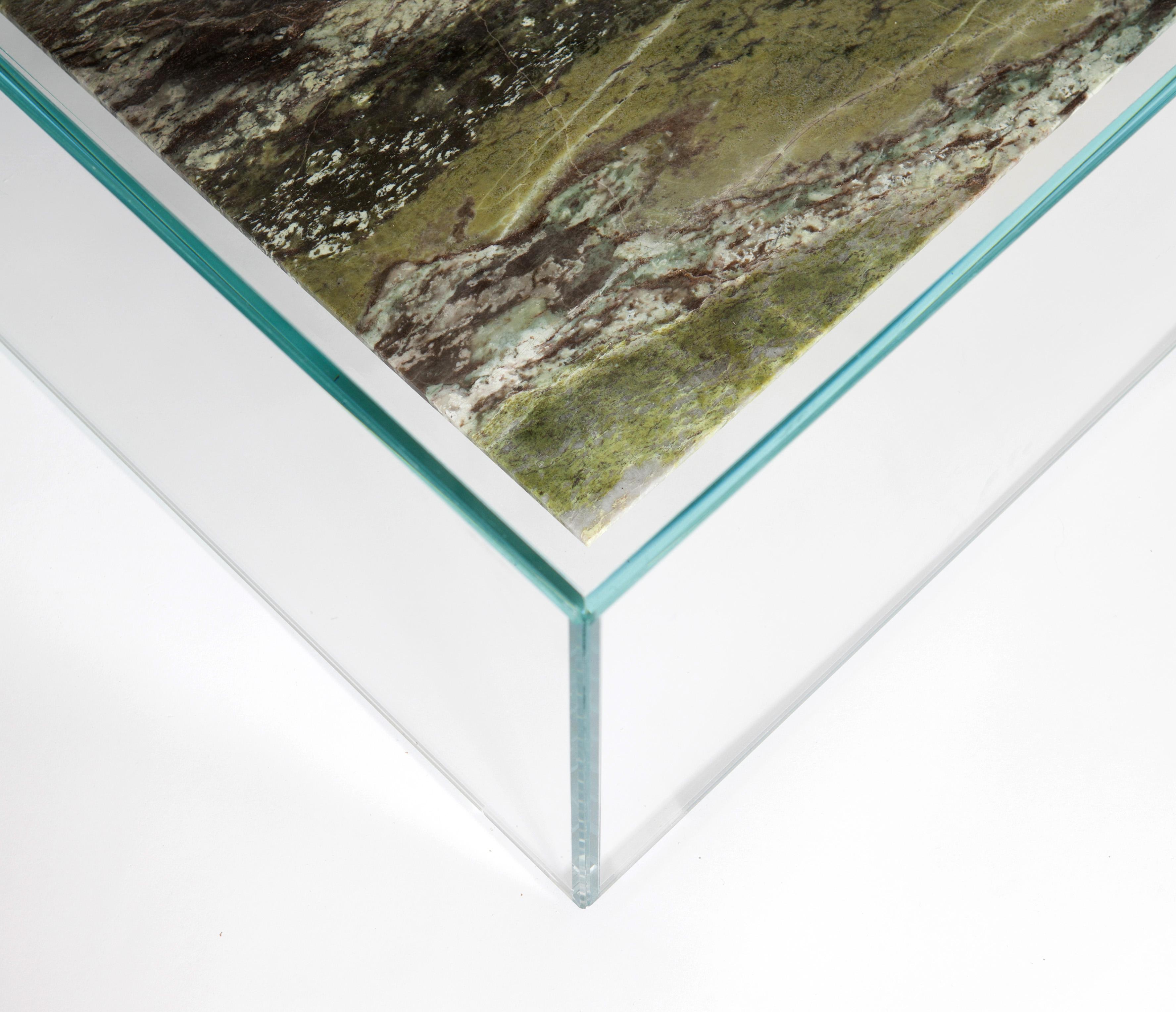 Modern Claste at Swim, Two Tables in Glass with Verdi Alpi Marble For Sale